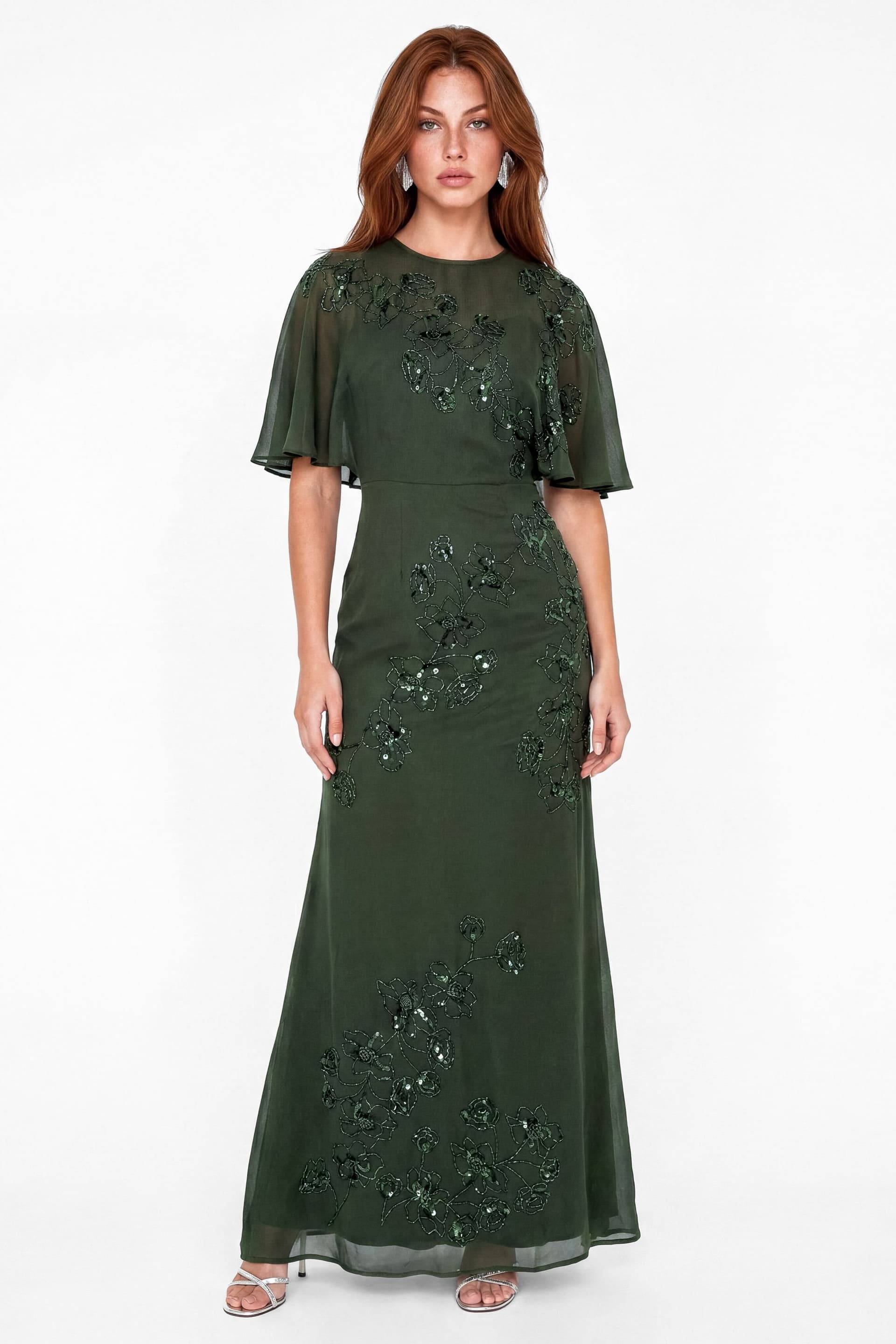 Maya Deluxe Maya Deluxe Women's Floral Embellished Angel Sleeve Maxi Dress in Bottle Green