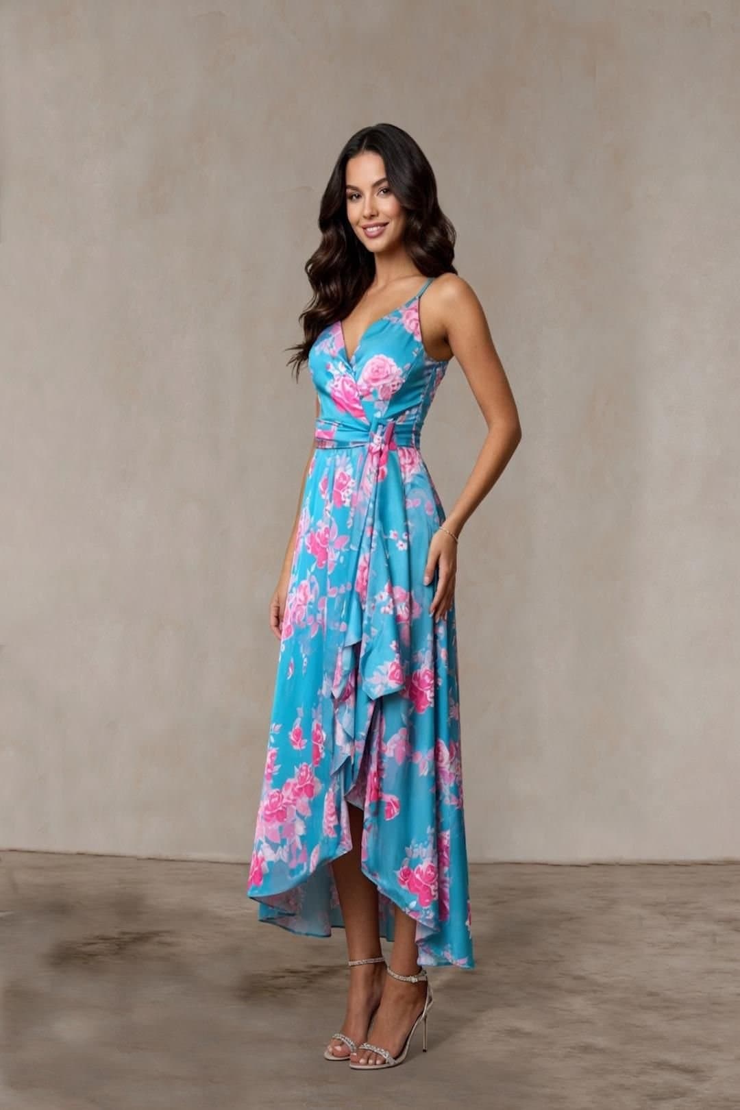 chi chi london Chi Chi London Women's Cami Floral Wrap Dip Hem Midi Dress in Blue