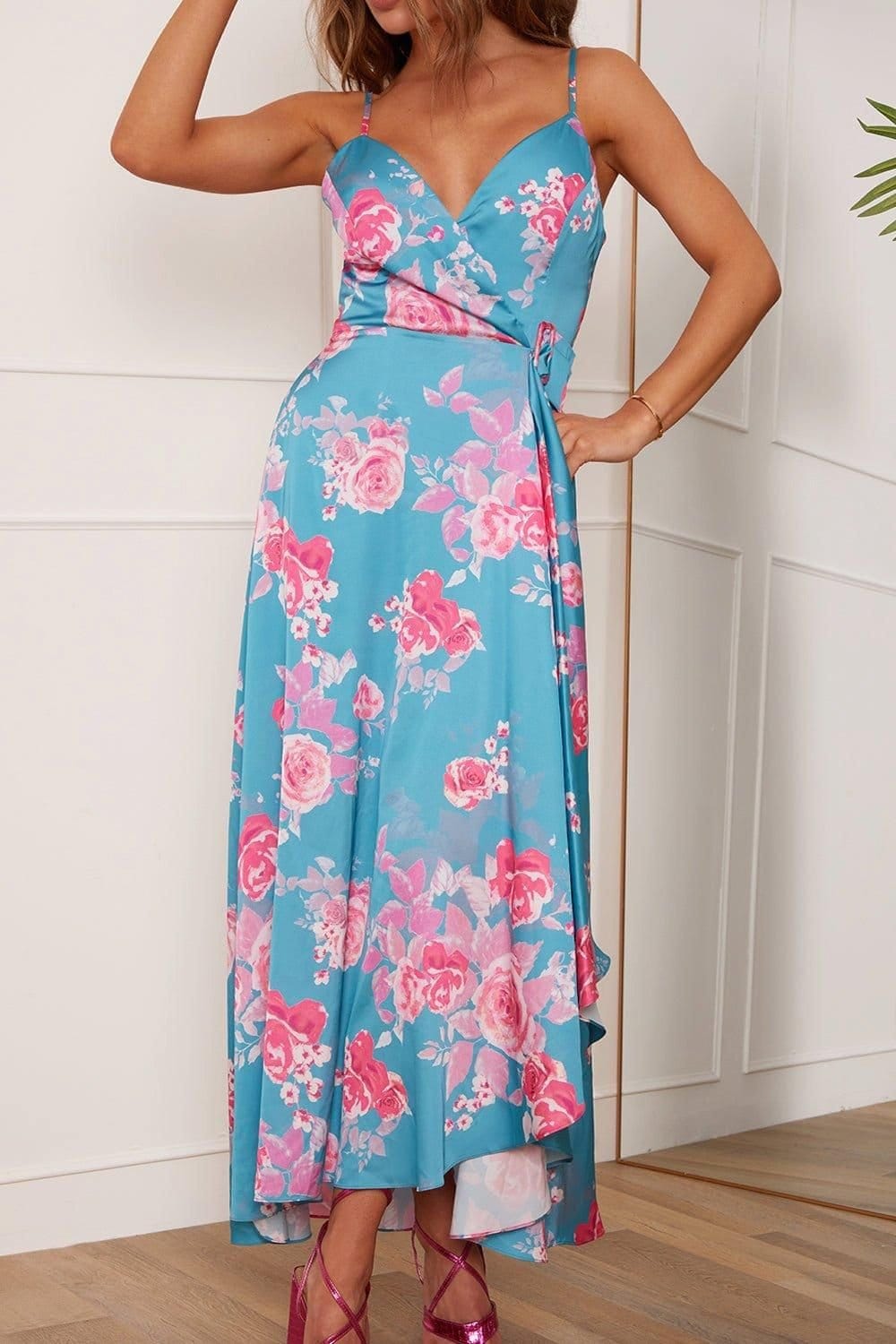 chi chi london Chi Chi London Women's Cami Floral Wrap Dip Hem Midi Dress in Blue - 4