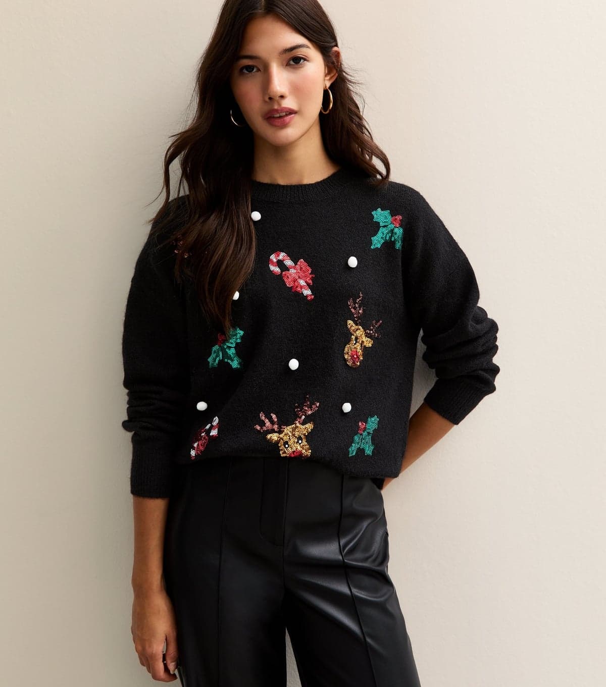New Look Women's Black Christmas Sequin Appliqué Christmas Jumper New Look