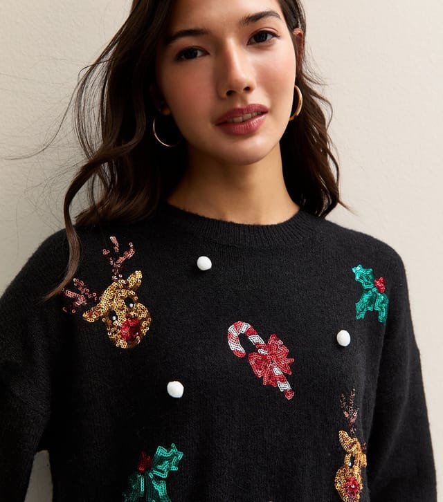New Look Women's Black Christmas Sequin Appliqué Christmas Jumper New Look - 2