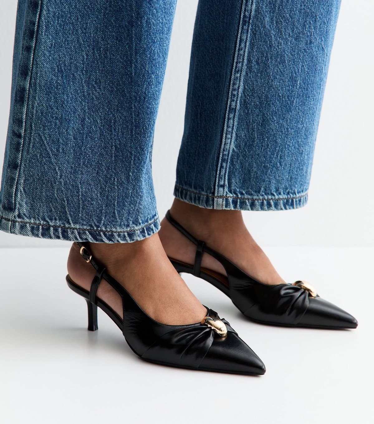 New Look Women's Black Faux Leather Ring Slingback Court Shoes Vegan New Look