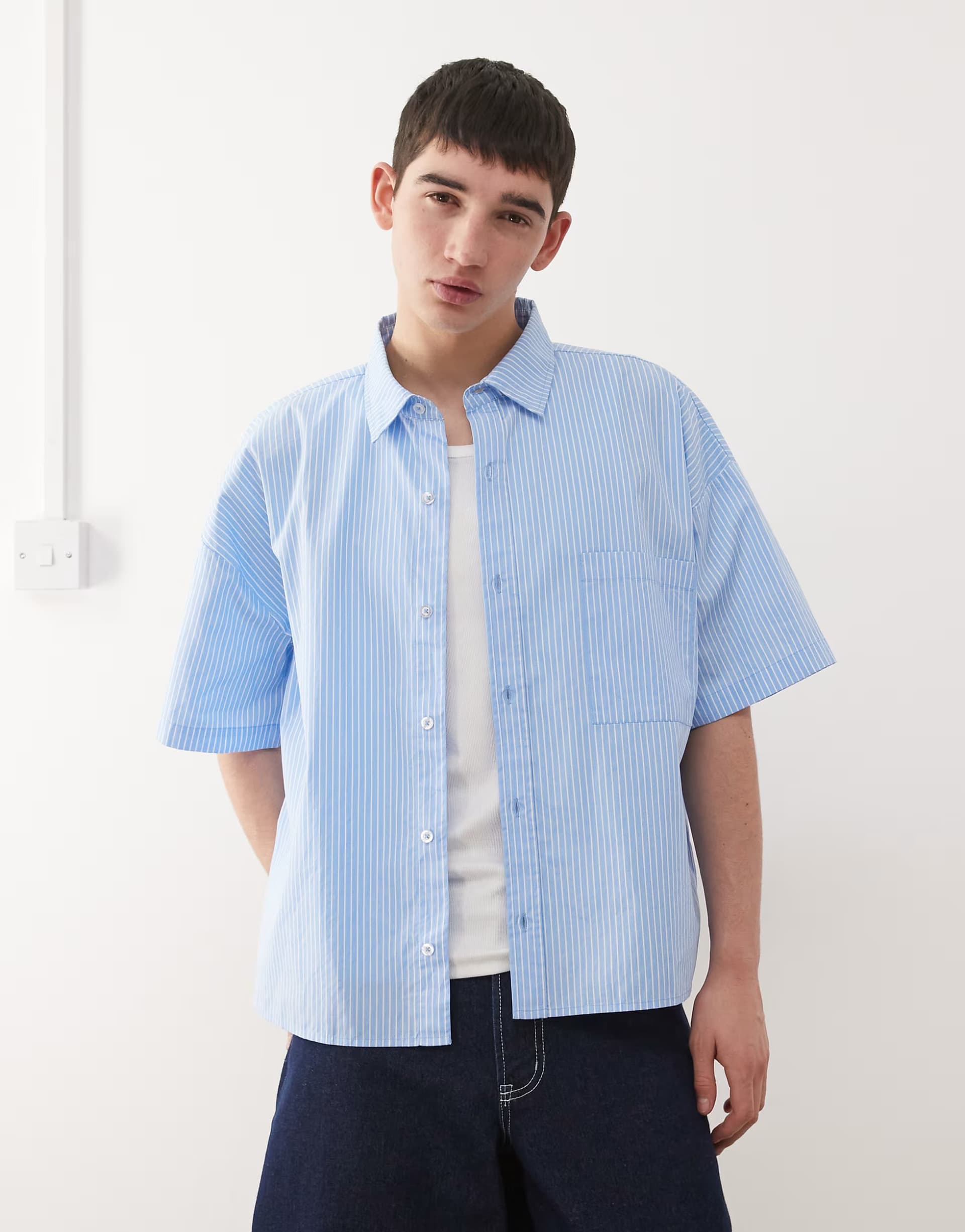 ASOS Reclaimed Vintage short sleeve crop boxy shirt in blue and white pinstripe