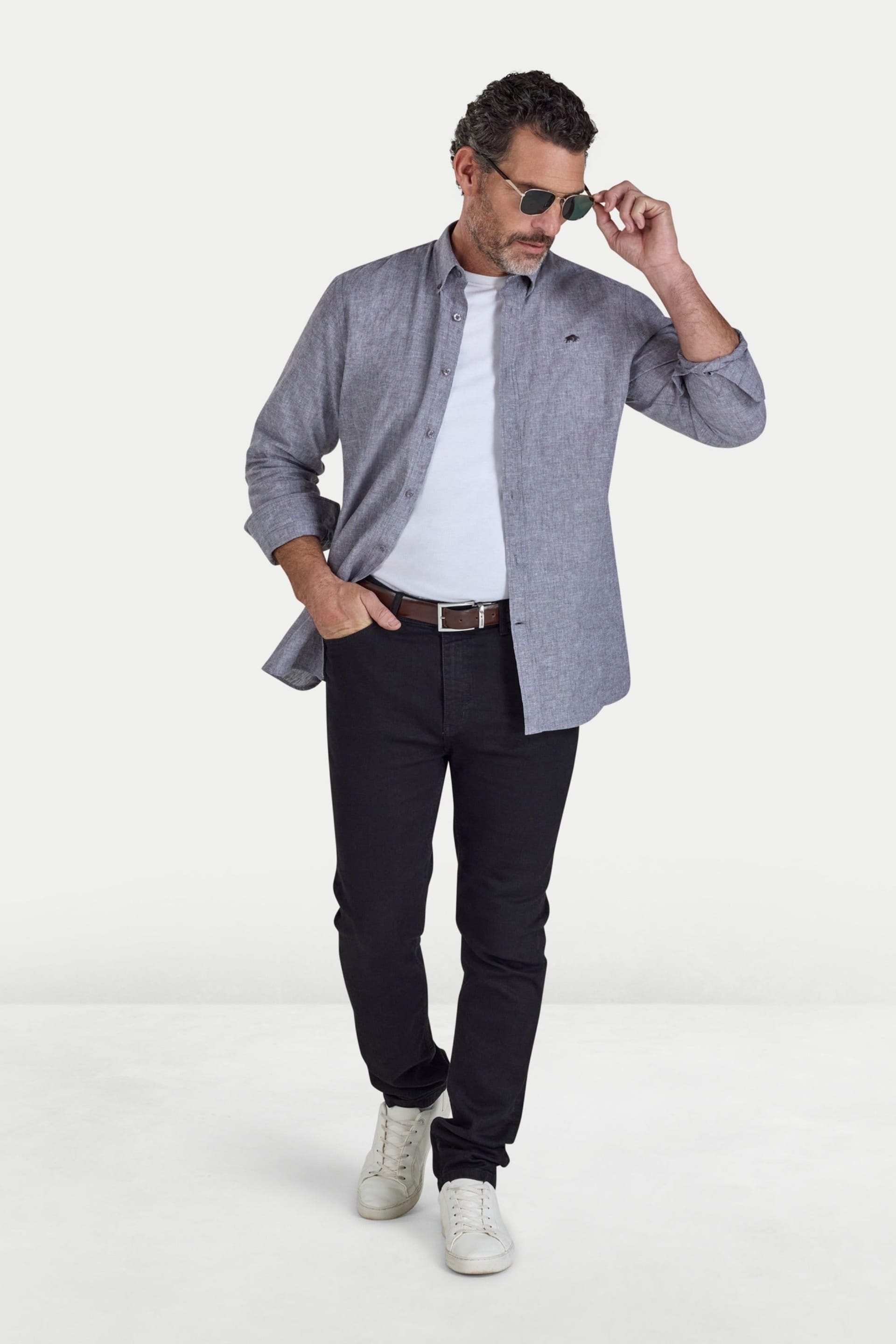 raging bull Raging Bull Men's Long Sleeve Classic Linen Shirt in Charcoal - 4