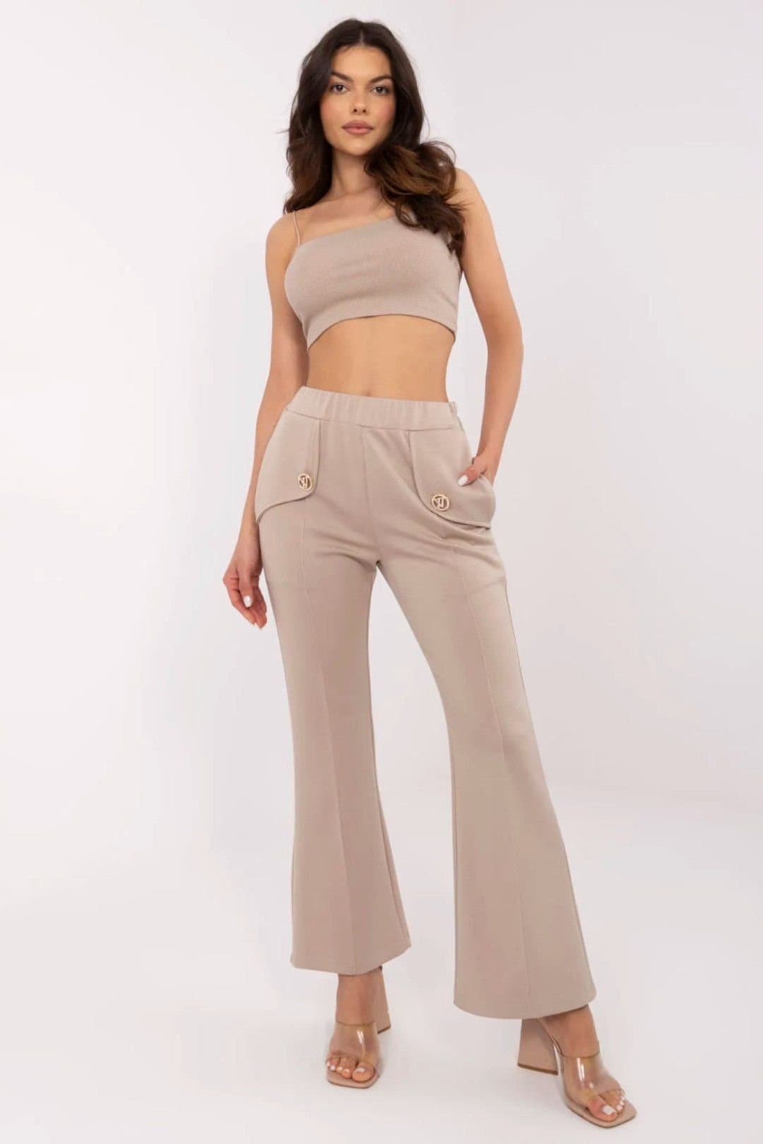 Love Lace Love Lace Women's Bell Bottom Tracksuit Trousers with Brooches in Beige