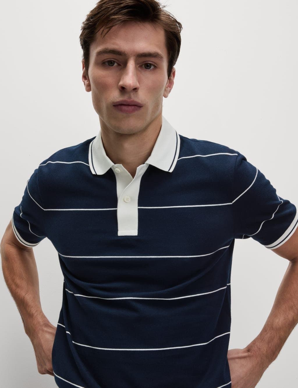 Marks & Spencer M&S Pure Cotton Pique Striped Polo Shirt Dark Navy
