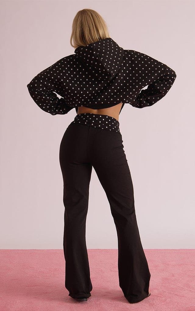 EGO Fold Over Polka Dot Waist Flared Leg Trousers In Black, Women's Size UK 6 - 2