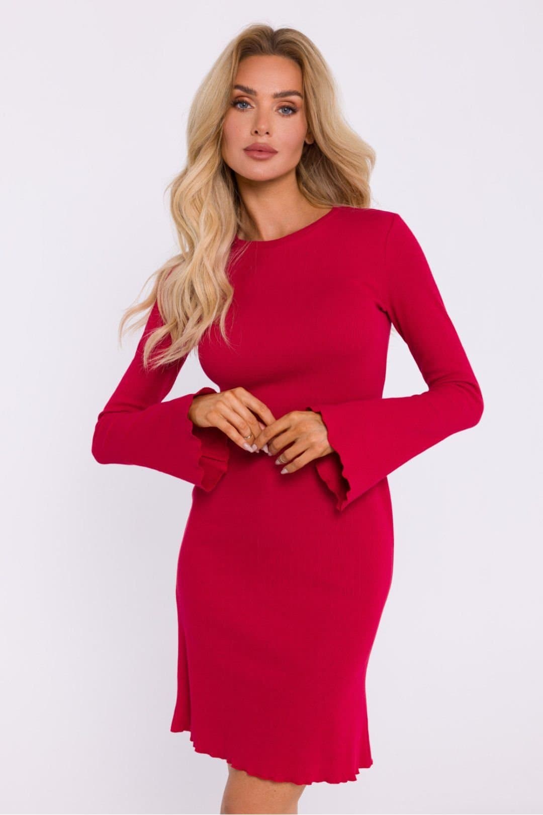 Love Lace Love Lace Women's Long Sleeve Ribbed Cotton Knit Day Dress in Fuchsia