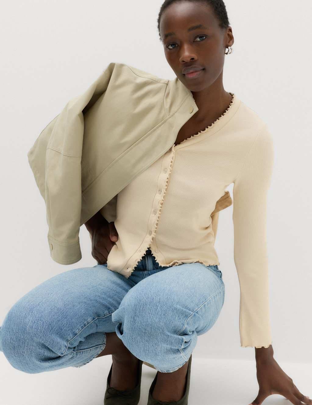 Marks & Spencer M&S Cotton Rich V-Neck Buttoned Top Light Cream