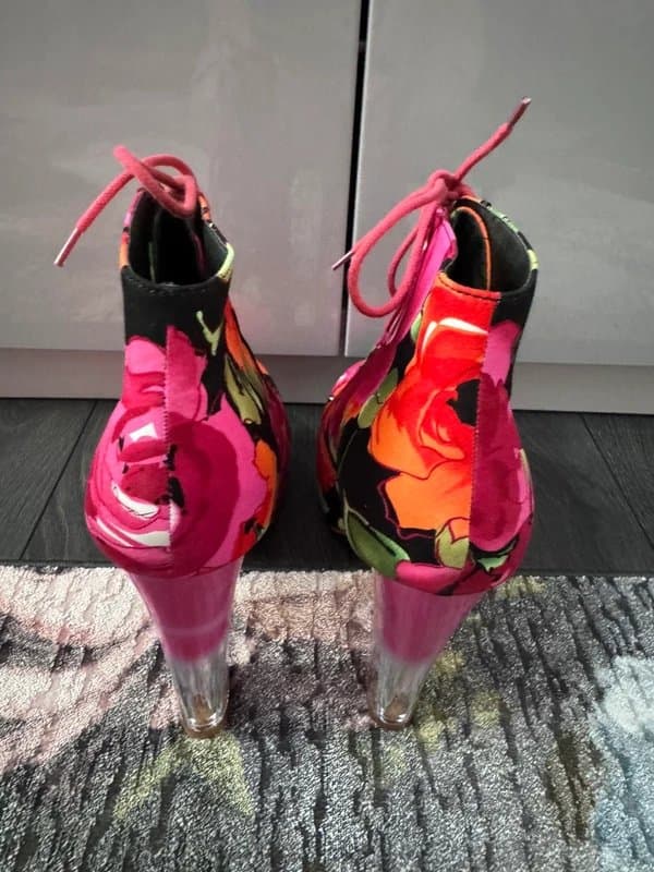 Essex Glam Essex Glam Lace-up Hidden Platform Ankle Boots Clear & Pink heel Floral fabric EU Size 40 UK 6.5