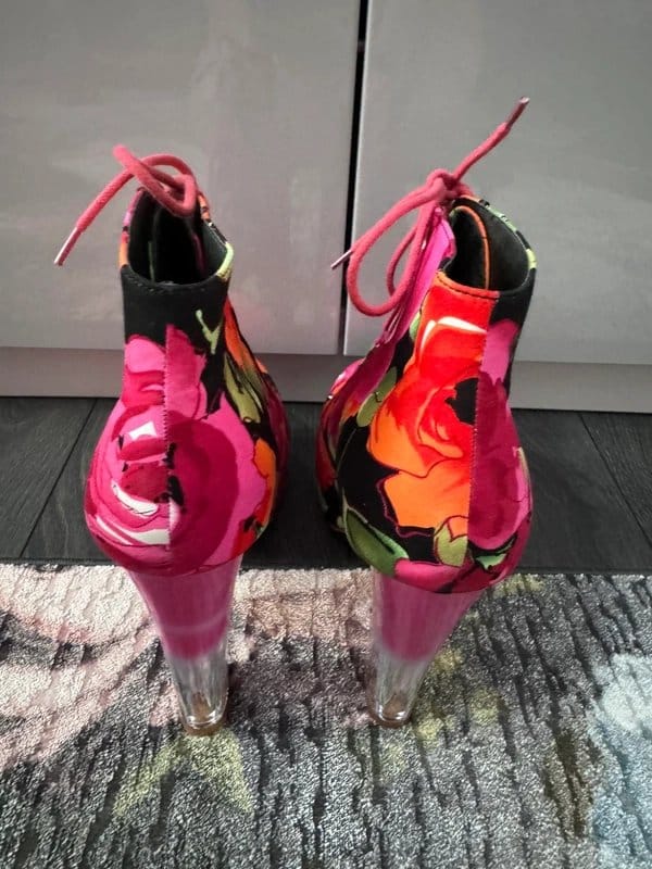 Essex Glam Essex Glam Lace-up Hidden Platform Ankle Boots Clear & Pink heel Floral fabric EU Size 40 UK 6.5 - 1