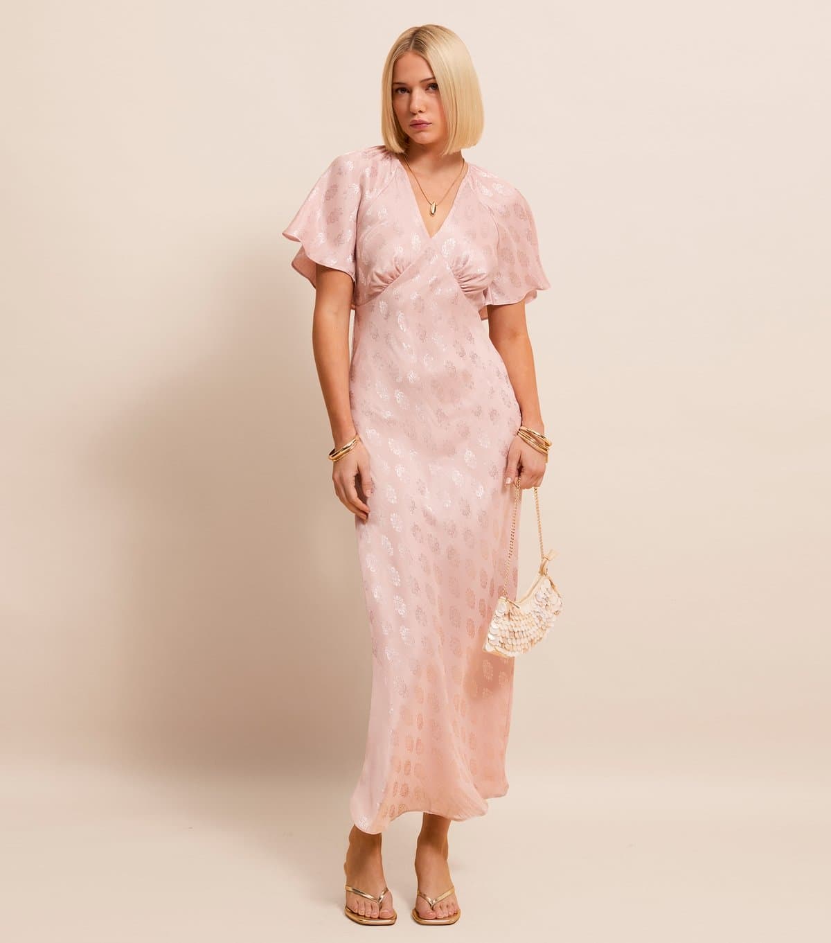New Look Women's Pink Paisley Pattern Jacquard Flutter Sleeve Midi Dress New Look