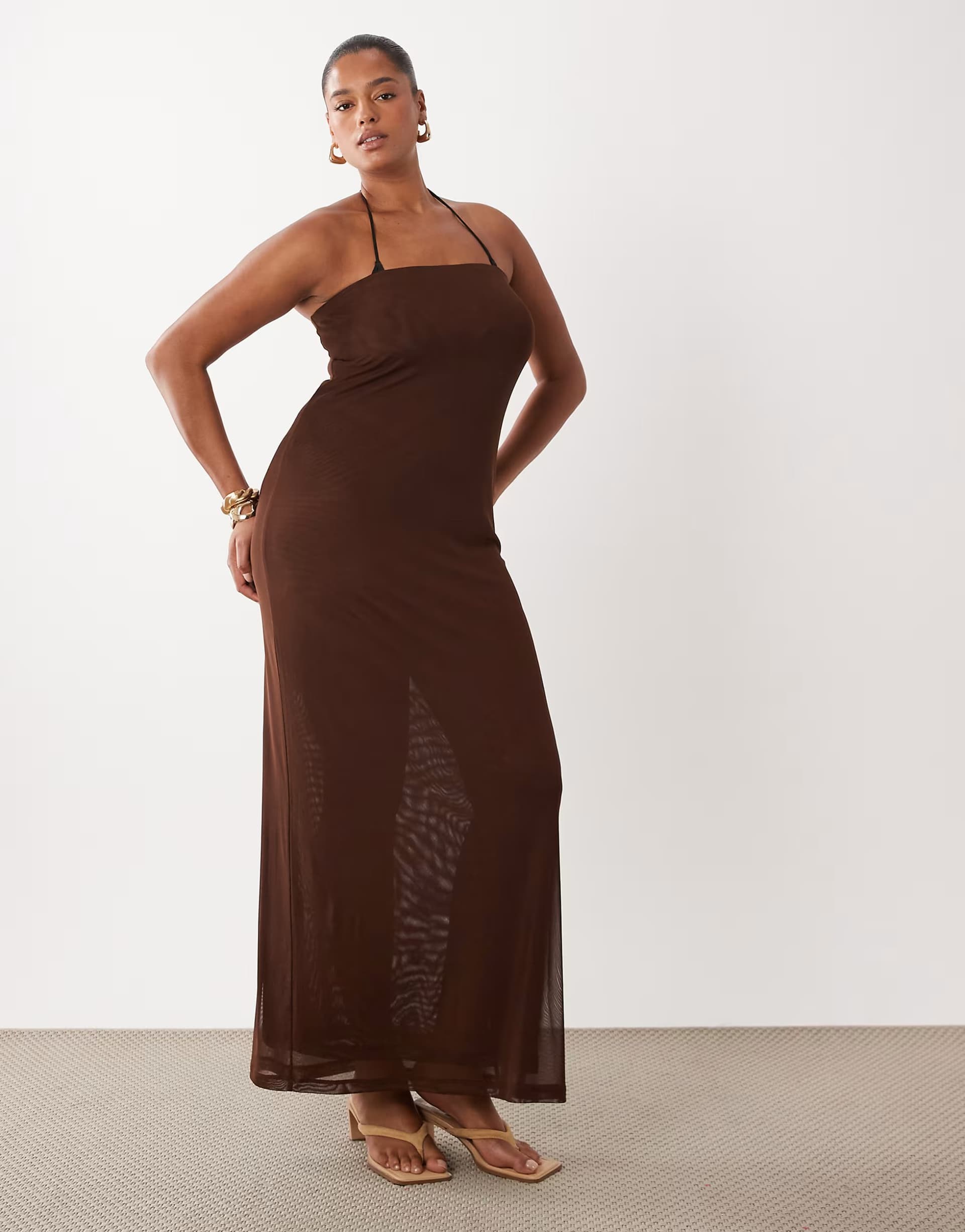 ASOS ASOS DESIGN Curve sheer mesh bandeau maxi dress in chocolate