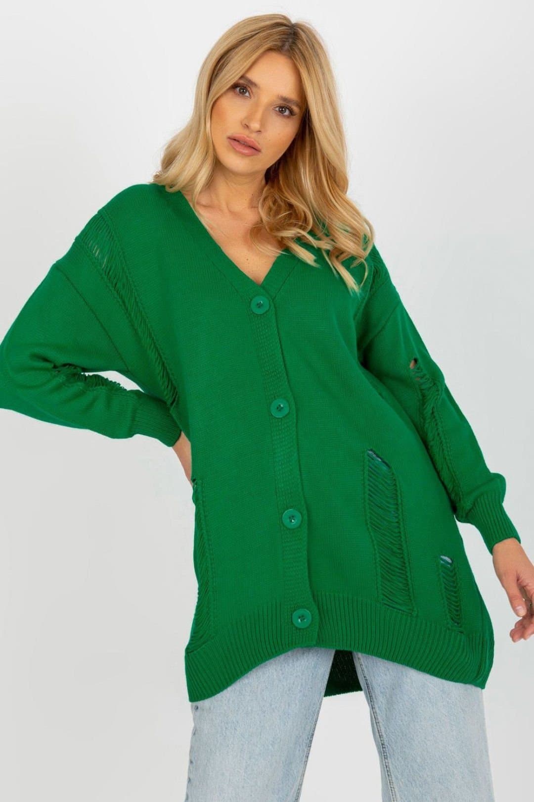Love Lace Love Lace Women's Button Down Heart Neck Cardigan with Long Sleeves in Green