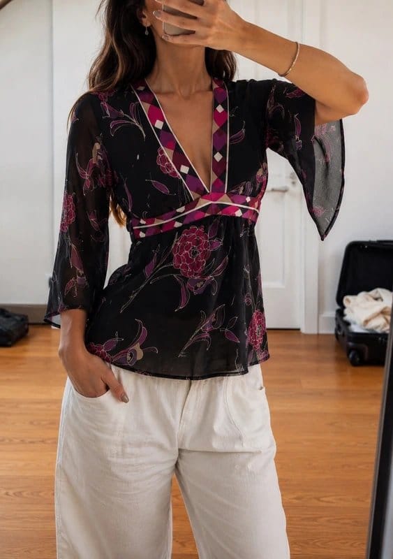 New Look Black & Purple Chiffon Floral Top