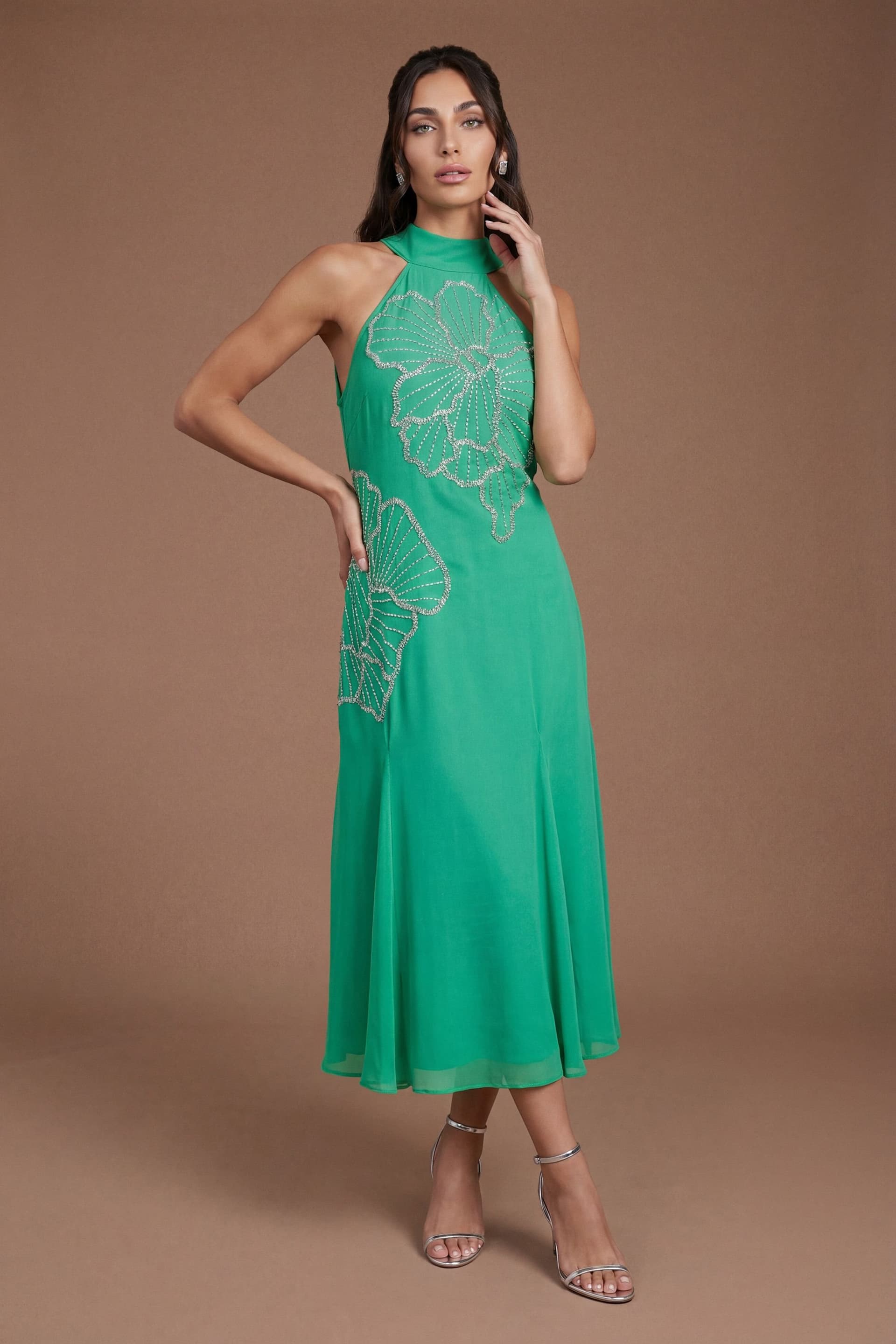 Coast Coast Women's Embellished Midi Dress With Godet Pleats in Green