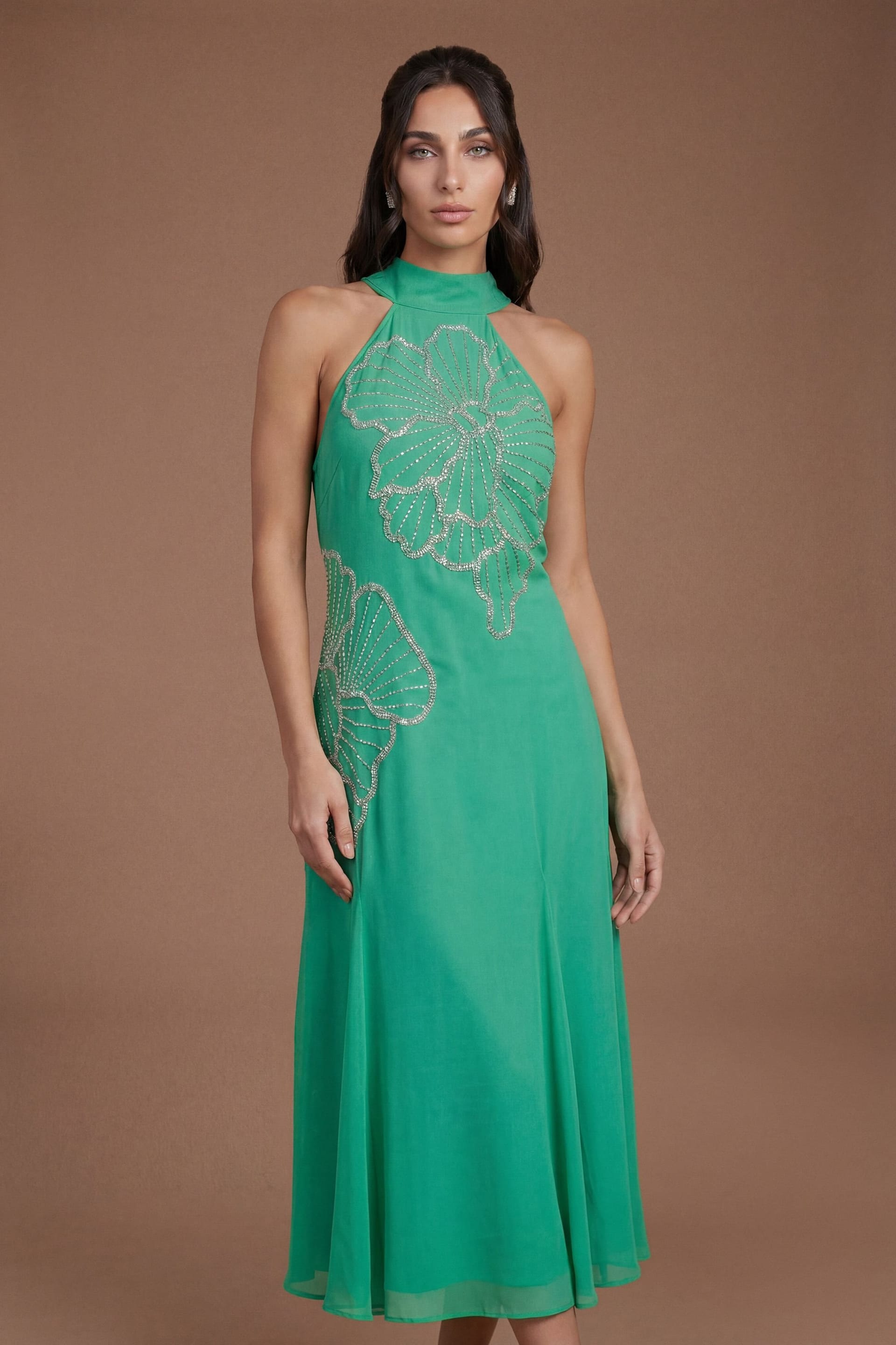 Coast Coast Women's Embellished Midi Dress With Godet Pleats in Green - 4