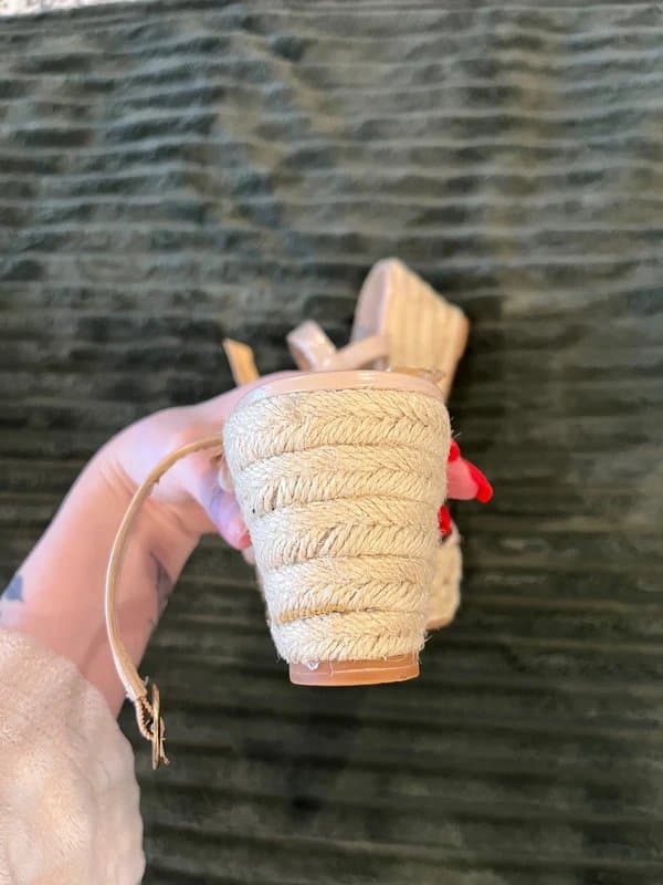 Carvela Pink nude beige patent faux leather woven hessian kitten heel wedge sandal espadrilles