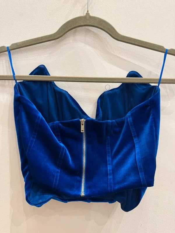 Bershka Velvet bustier in dark almost shimmering blue, very cropped
