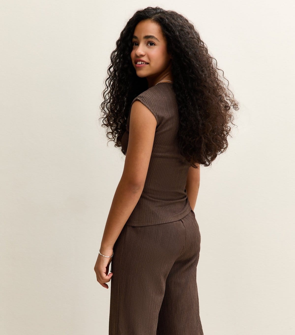 New Look Girls' Dark Brown Textured Jersey Ruched Side Asymmetric Top New Look - 4