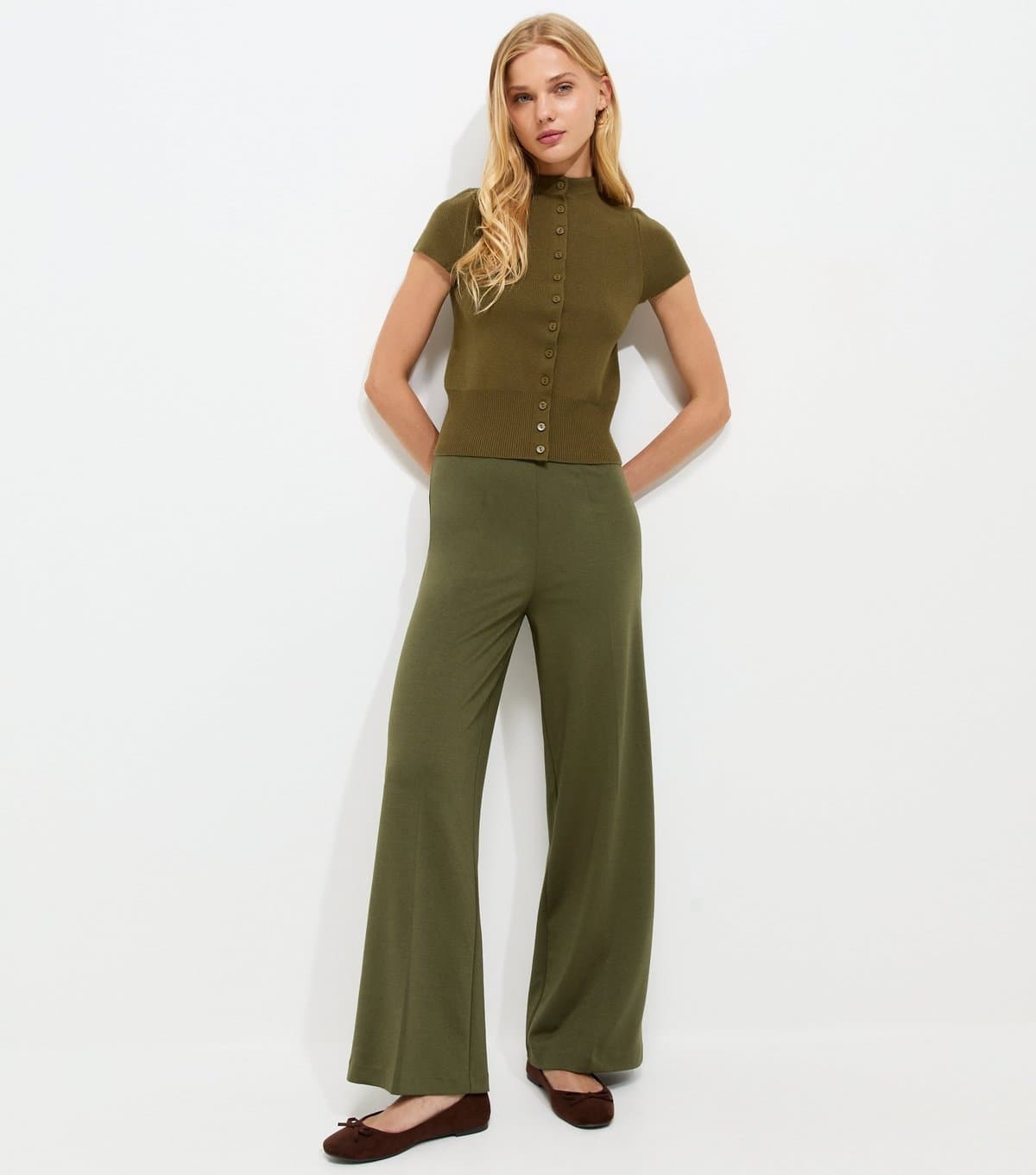 New Look New Look Khaki Jersey Wide Leg Trousers
