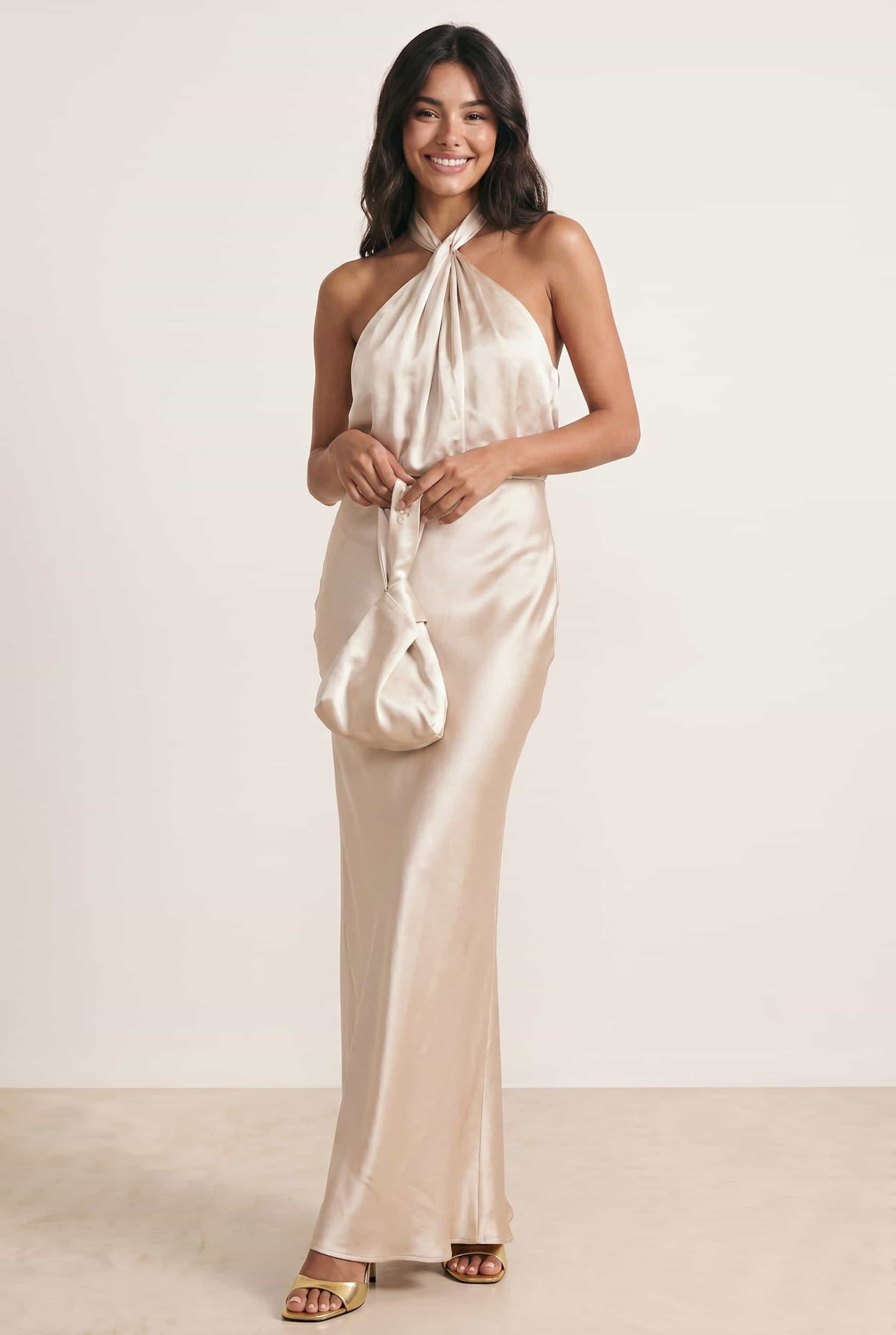 Style Cheat Style Cheat Women's Twist Neck Satin Maxi Dress / Champagne in Gold - 4