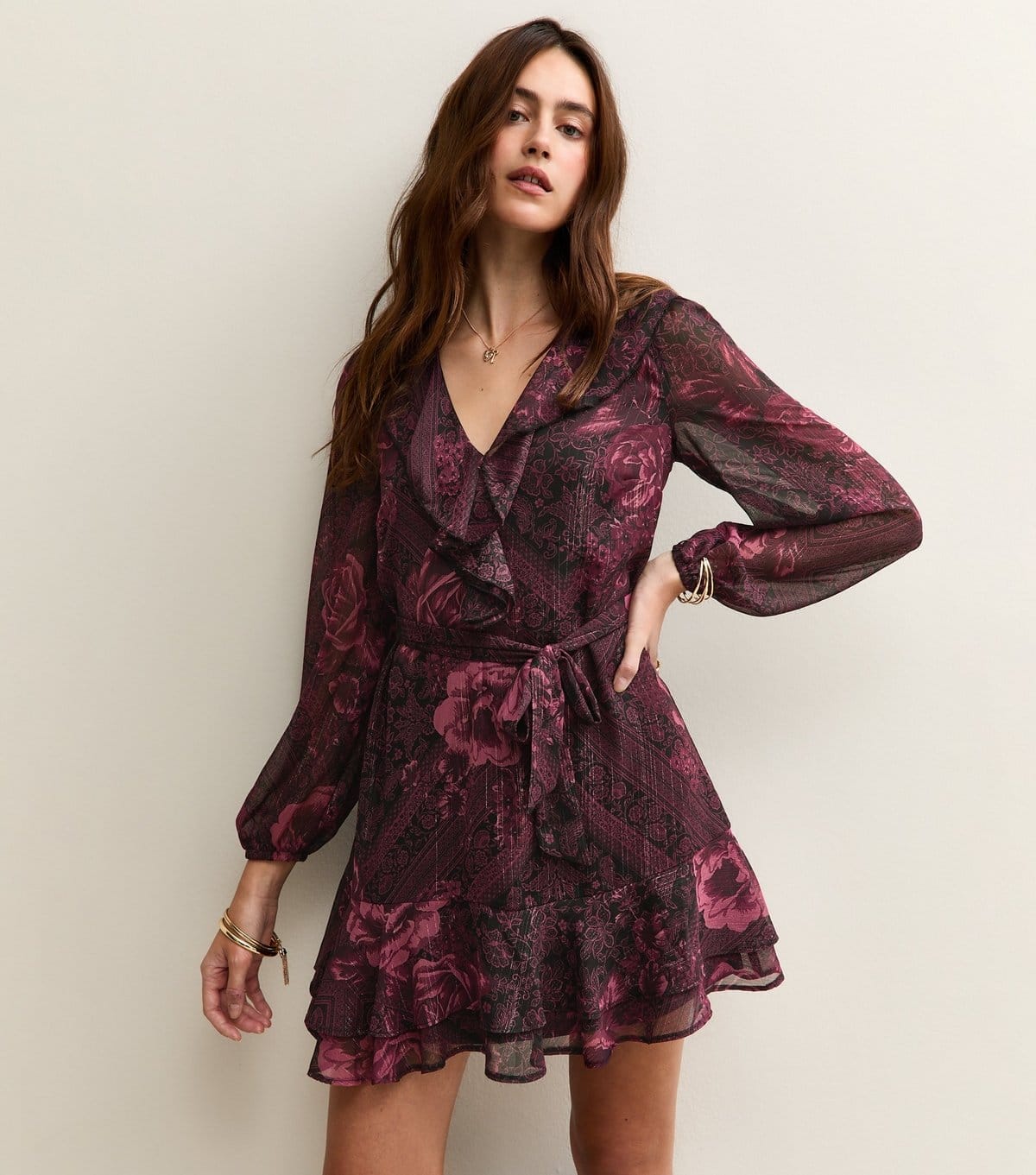 New Look Red Rose Print Chiffon Mini Dress