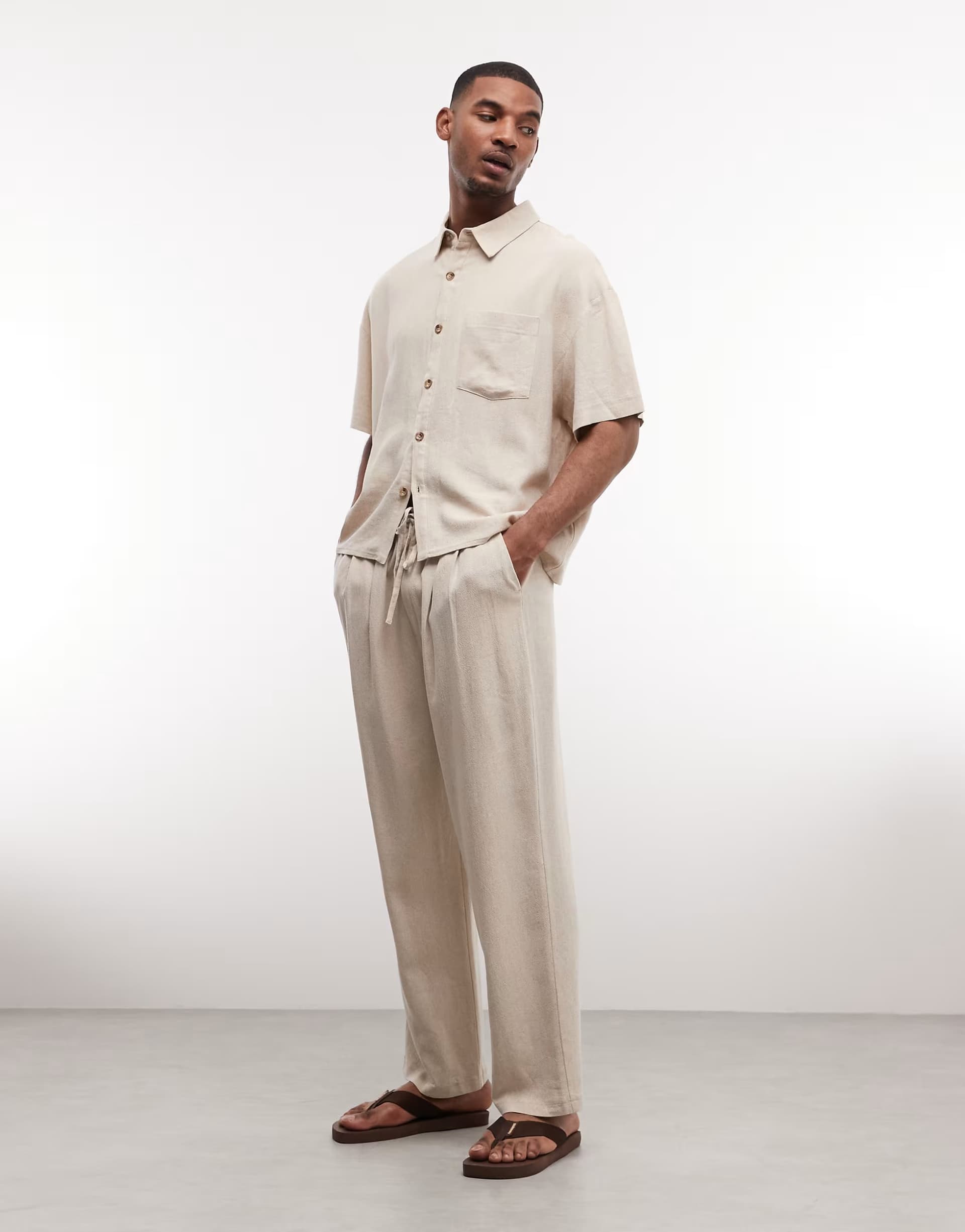 ASOS Reclaimed Vintage linen relaxed pull on trousers in neutral