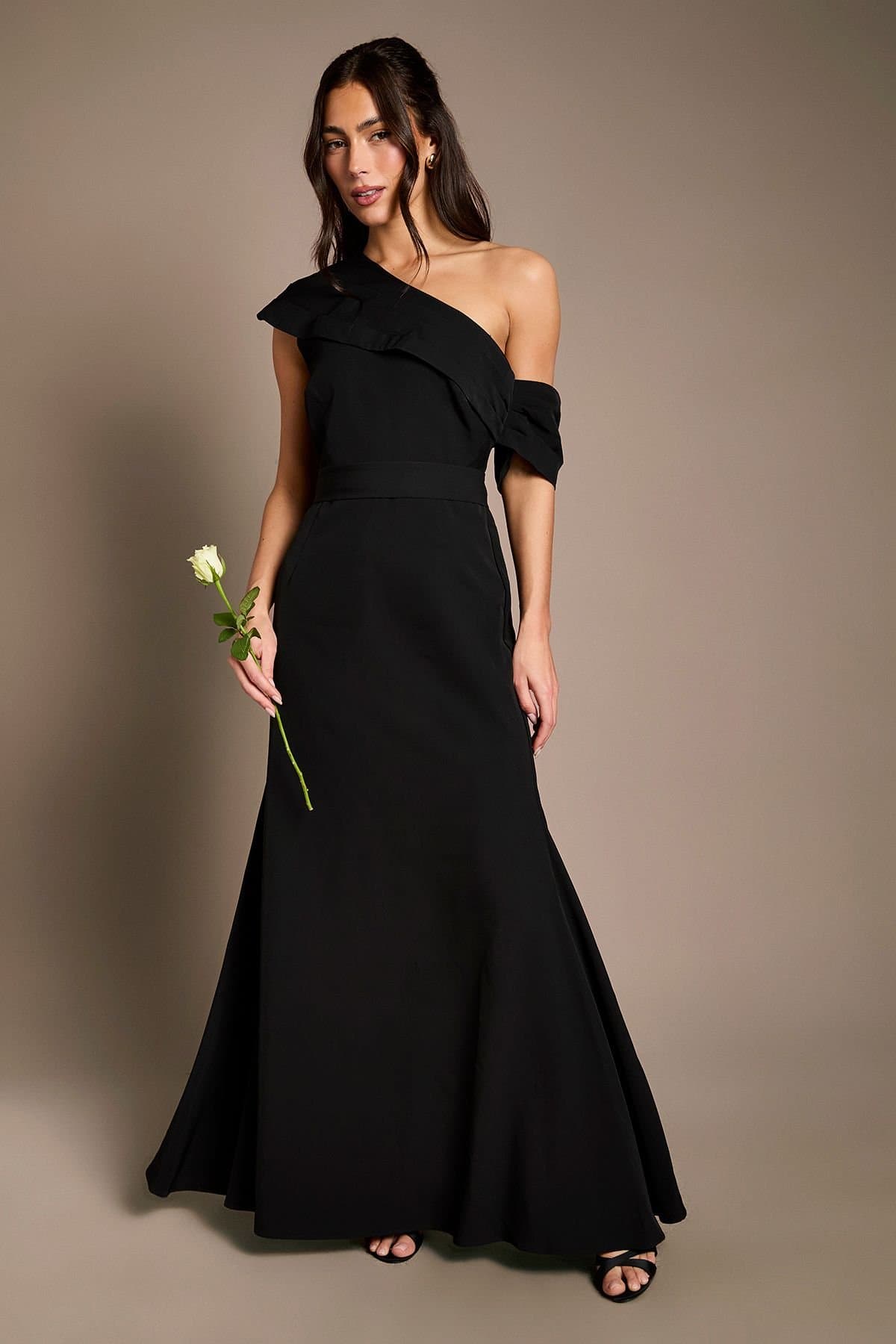 Coast Coast Women's Crepe High Neck One Shoulder Bridesmaid Maxi Dress in Black