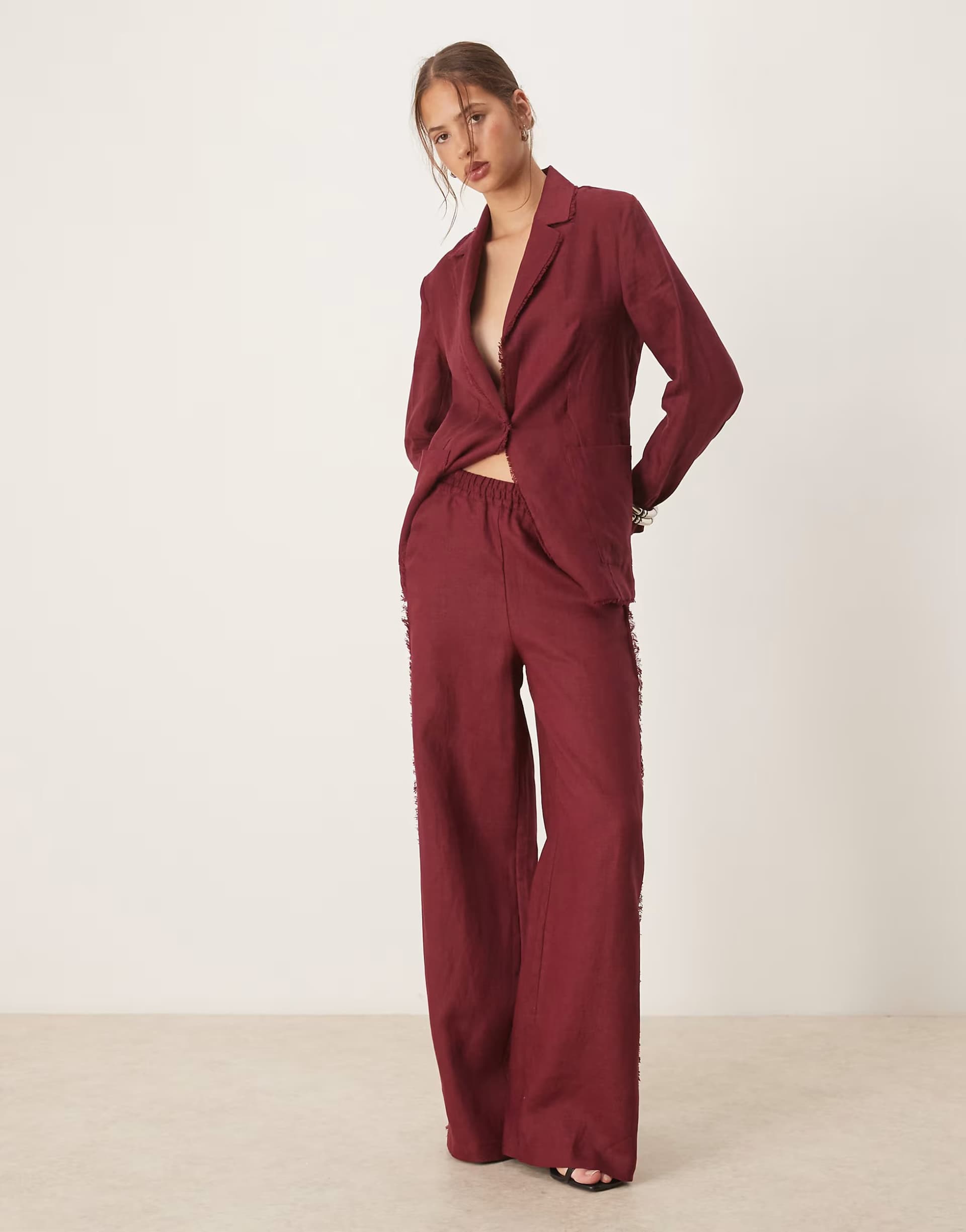 ASOS Mango co-ord 100% linen frayed edge pull on trouser in dark red