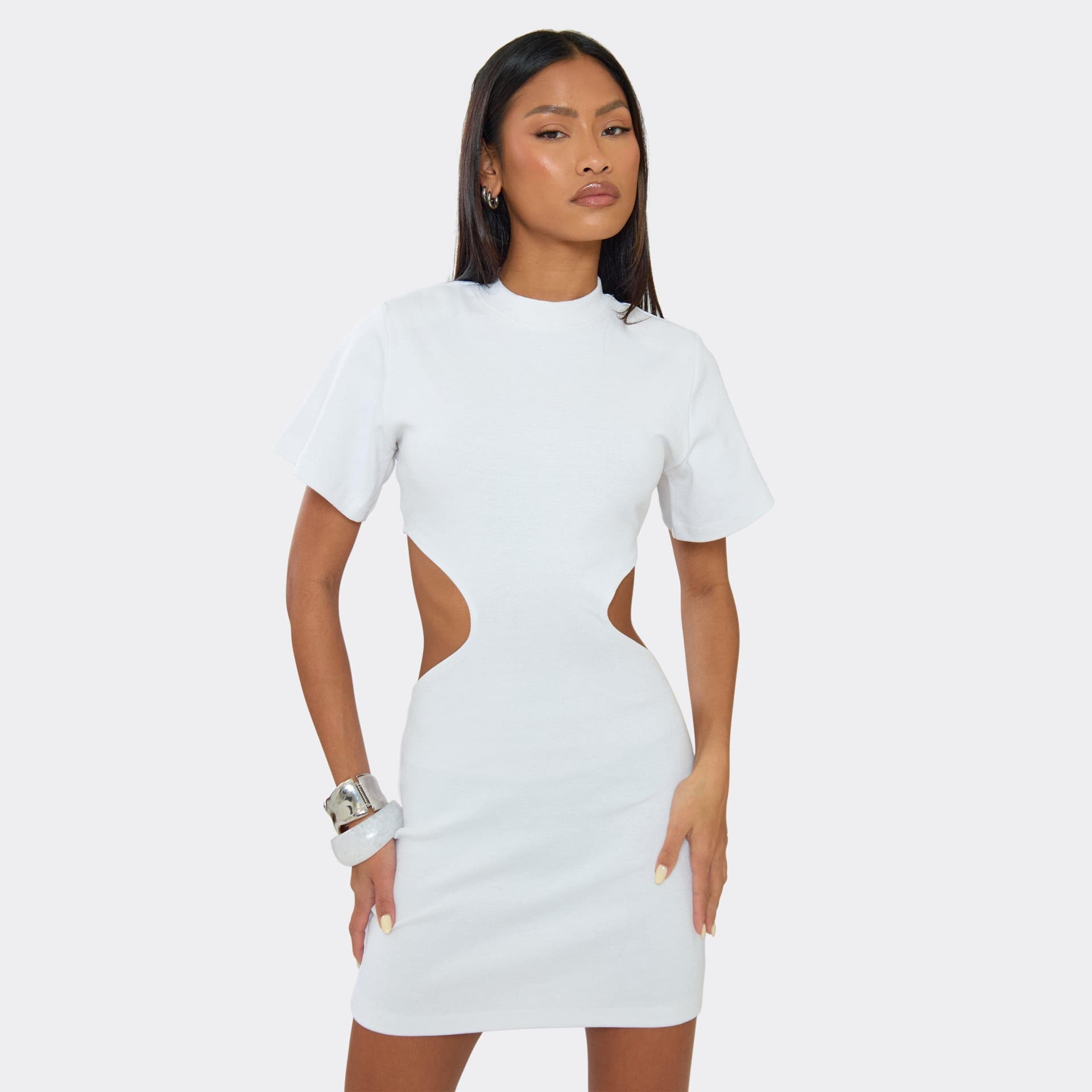 EGO Short Sleeve Shoulder Pad Cut Out Mini T-Shirt Dress In White, Women's Size UK 6