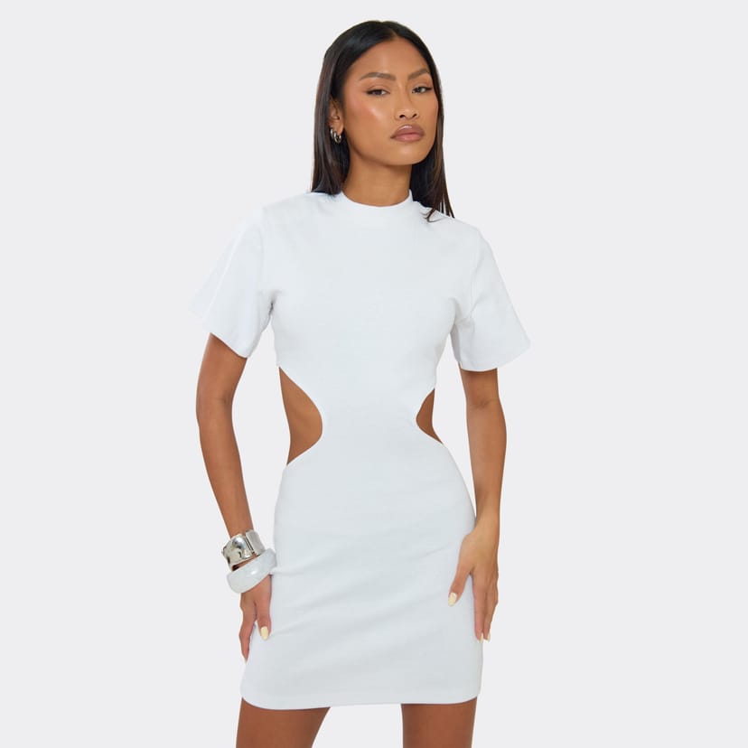 EGO Short Sleeve Shoulder Pad Cut Out Mini T-Shirt Dress In White, Women's Size UK 6 - 1