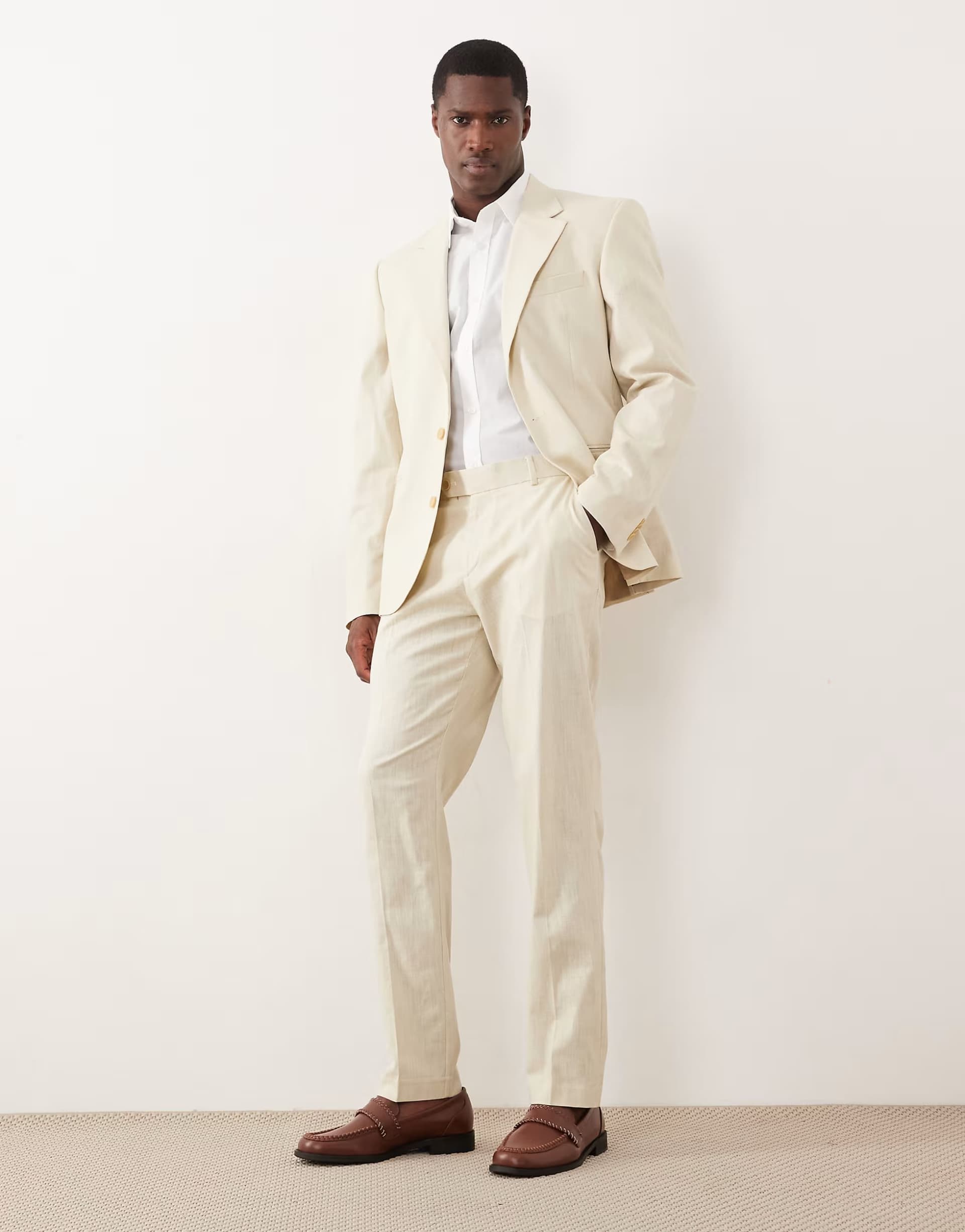 ASOS ASOS DESIGN 100% cotton linen look slim suit trousers in beige