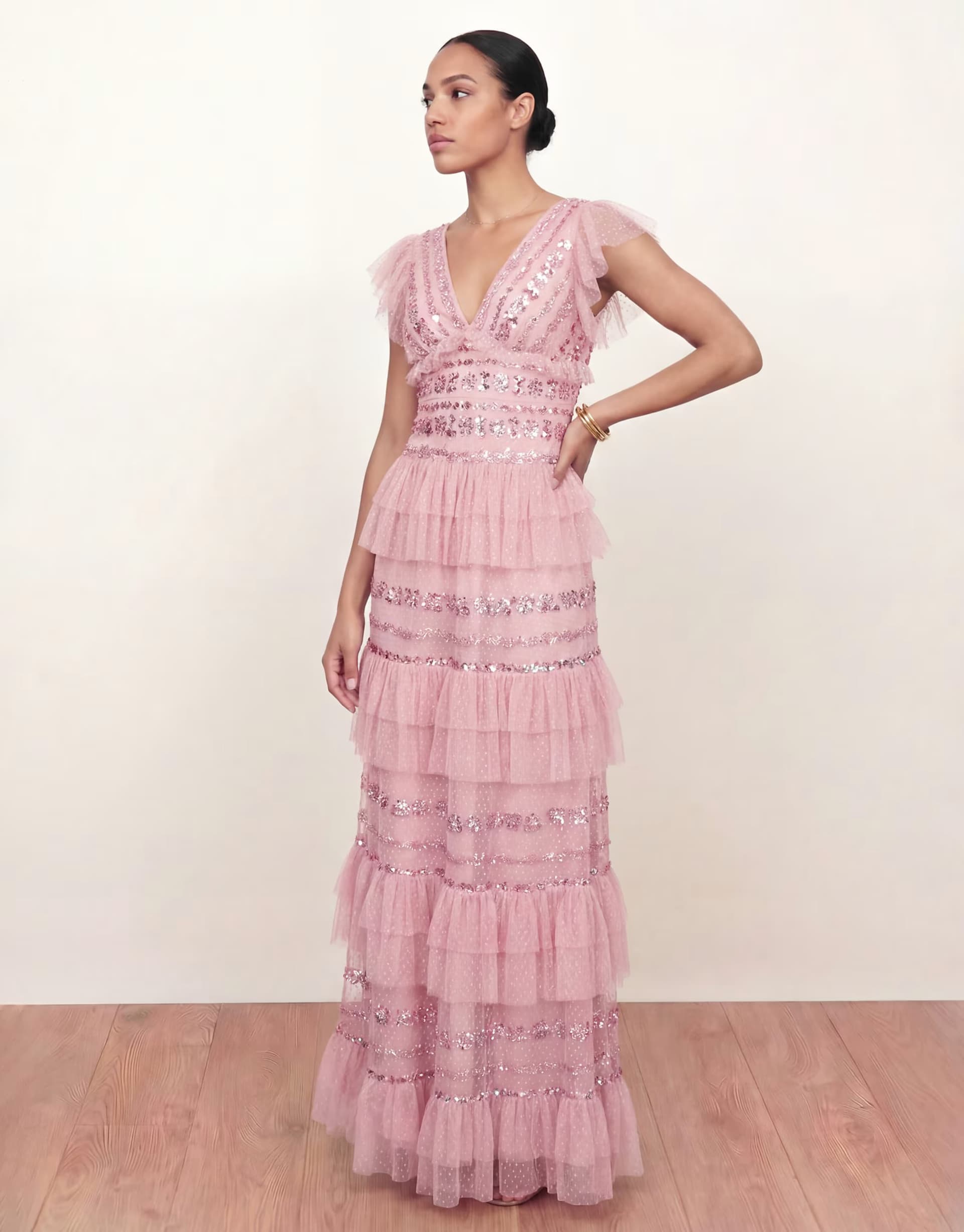 ASOS Maya Spot mesh embellished flutter sleeve tiered maxi dress in soft pink