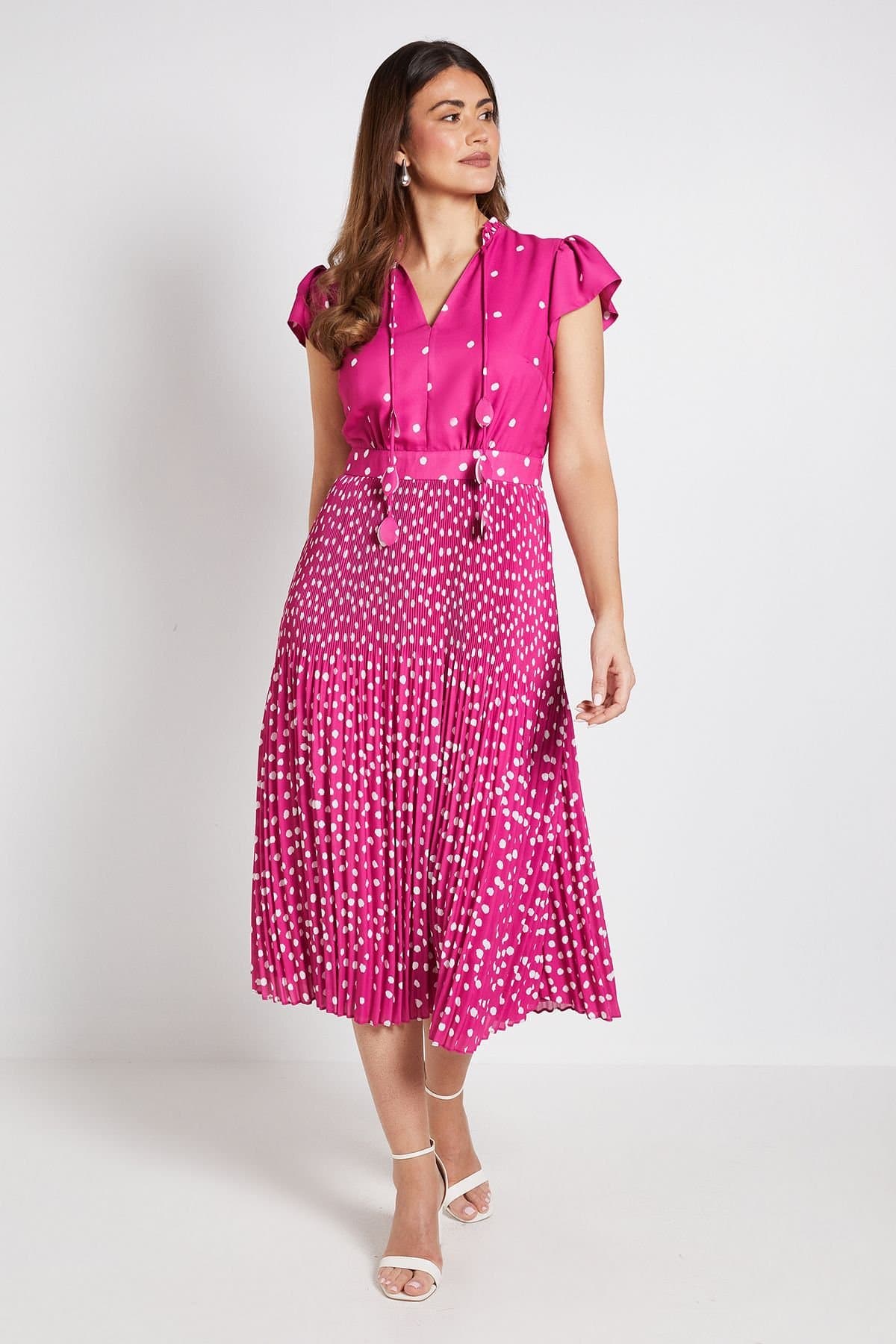 Wallis Wallis Women's Polka Dot Ruffle Neck Pleated Midi Dress in Magenta