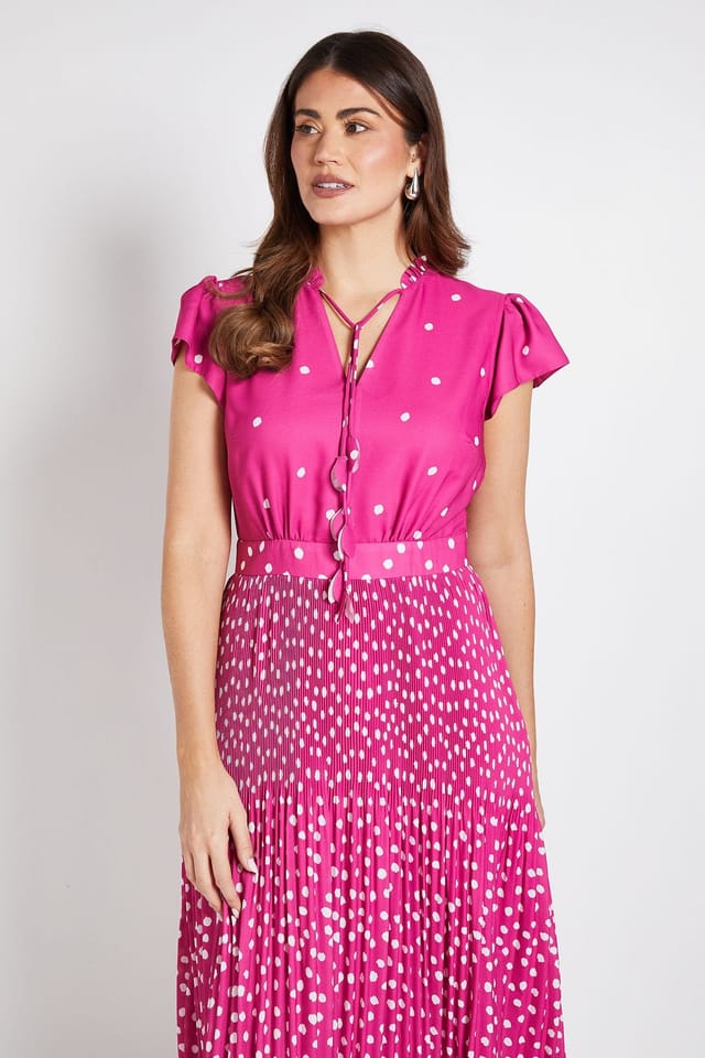 Wallis Wallis Women's Polka Dot Ruffle Neck Pleated Midi Dress in Magenta - 2