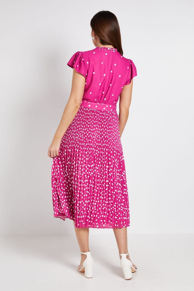 Wallis Wallis Women's Polka Dot Ruffle Neck Pleated Midi Dress in Magenta - 3