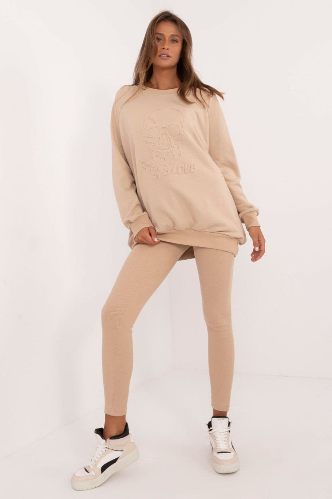 Love Lace Love Lace Women's Cotton Elastane Leggings & Sweatshirt Set in Beige