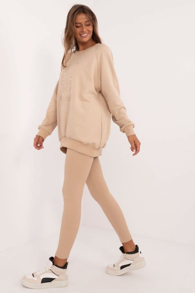 Love Lace Love Lace Women's Cotton Elastane Leggings & Sweatshirt Set in Beige - 2