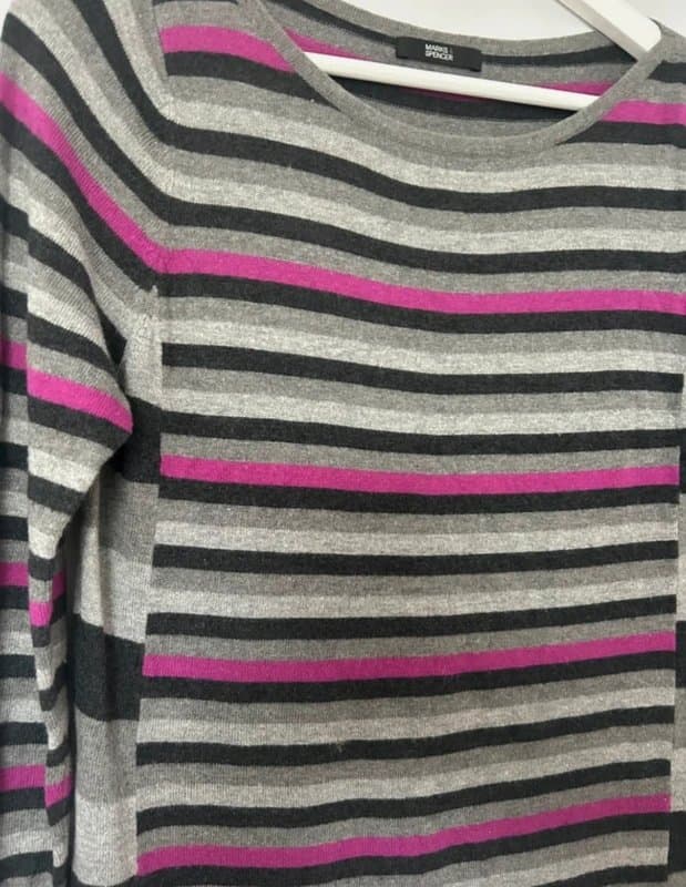 Marks & Spencer 🧶Soft Magenta Mix Stripe Jumper M&S UK 10 | Angora Blend Grey Black Pink Autumn Layering Knitwear