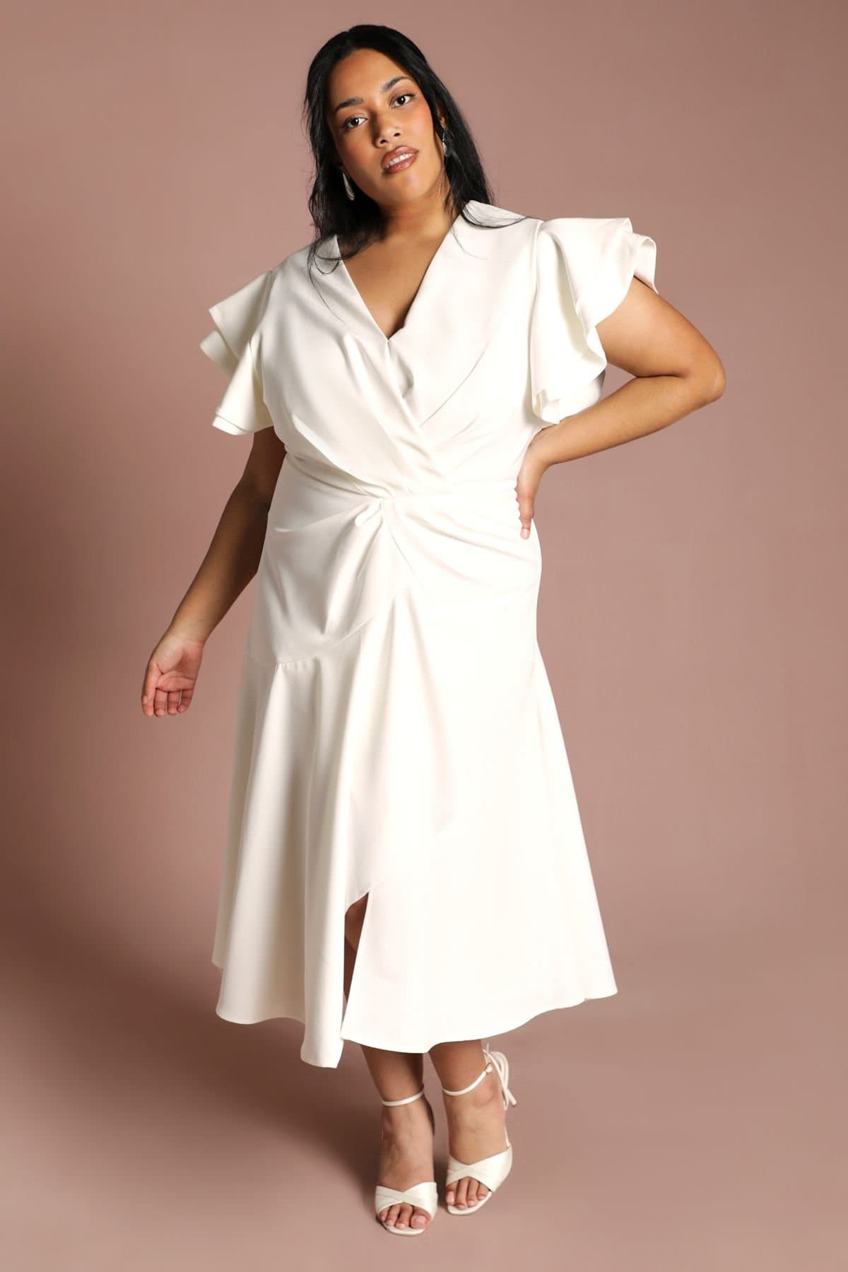 Coast Coast Women's Plus Short Sleeve V Neck Wrap Front Midi Dress in Ivory