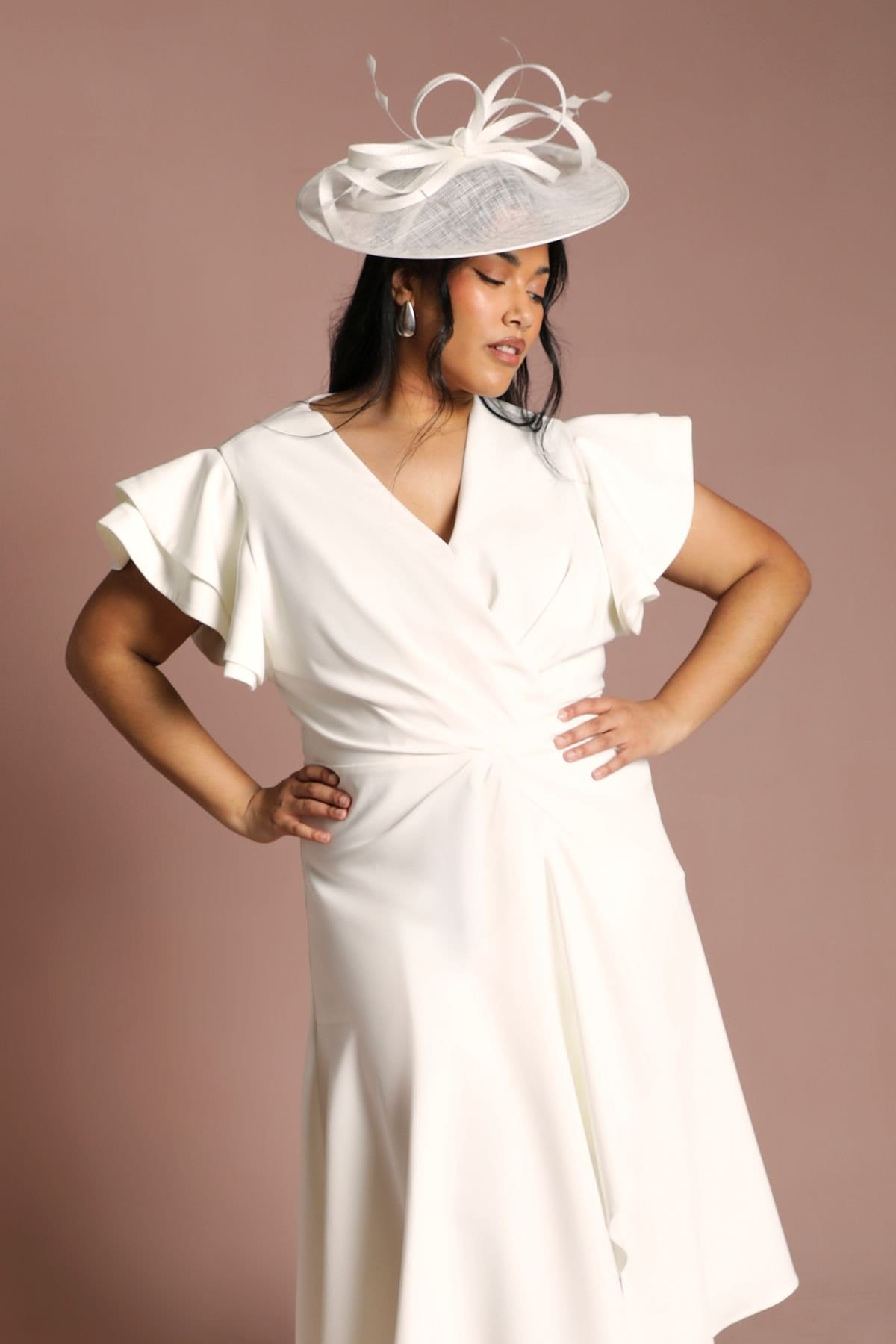 Coast Coast Women's Plus Short Sleeve V Neck Wrap Front Midi Dress in Ivory - 4