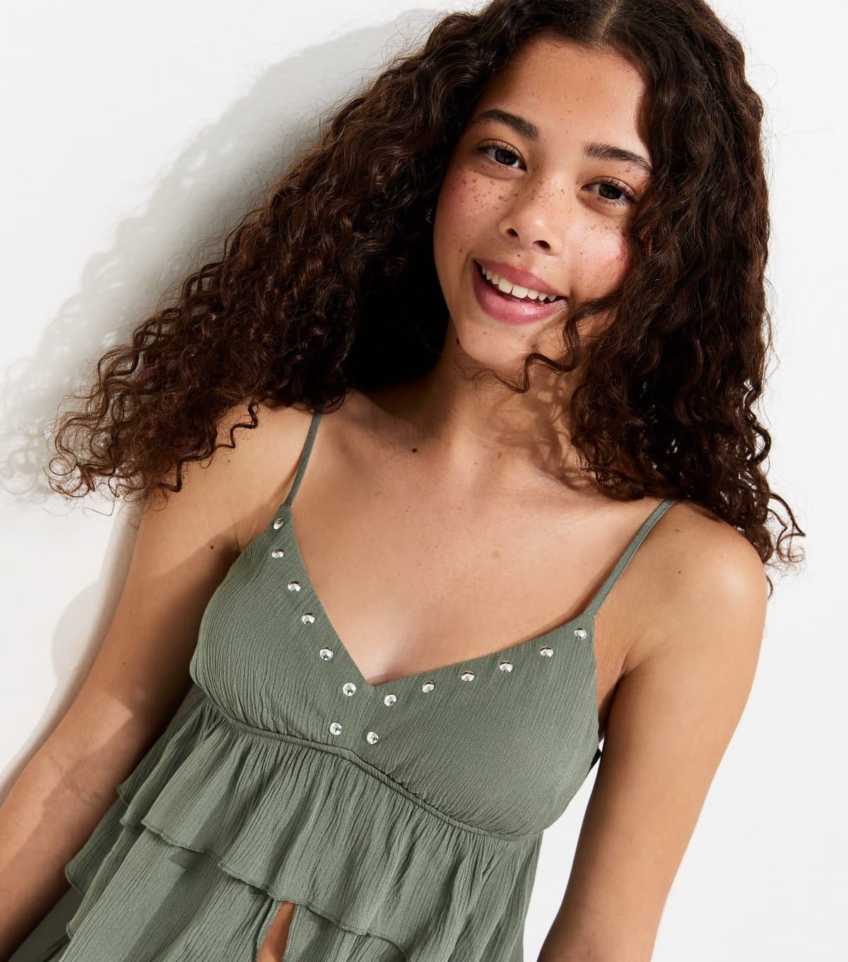 New Look Girls' Light Khaki Studded Tiered Cami Top New Look