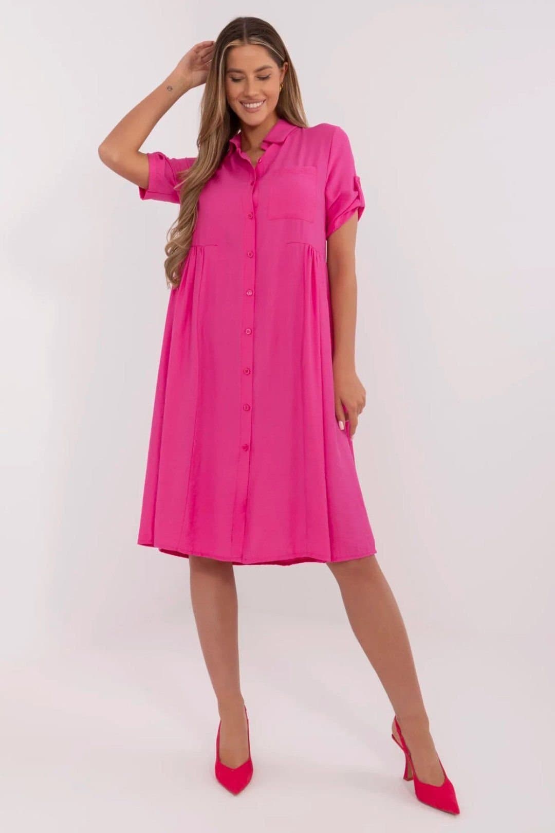 Love Lace Love Lace Women's Midi Flared Shirt Dress with Chest Pocket Style 212026 in Pink