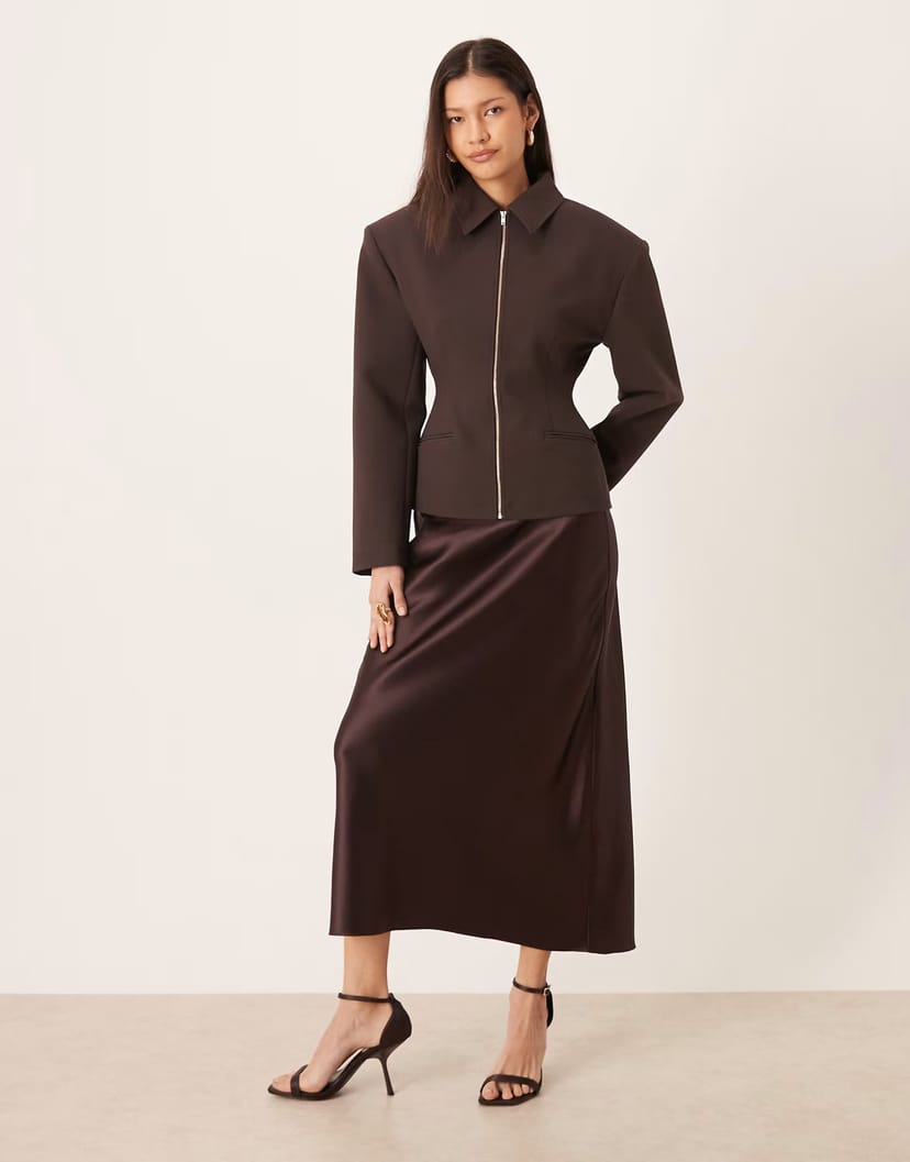 ASOS Mango satin maxi skirt in fig - 1