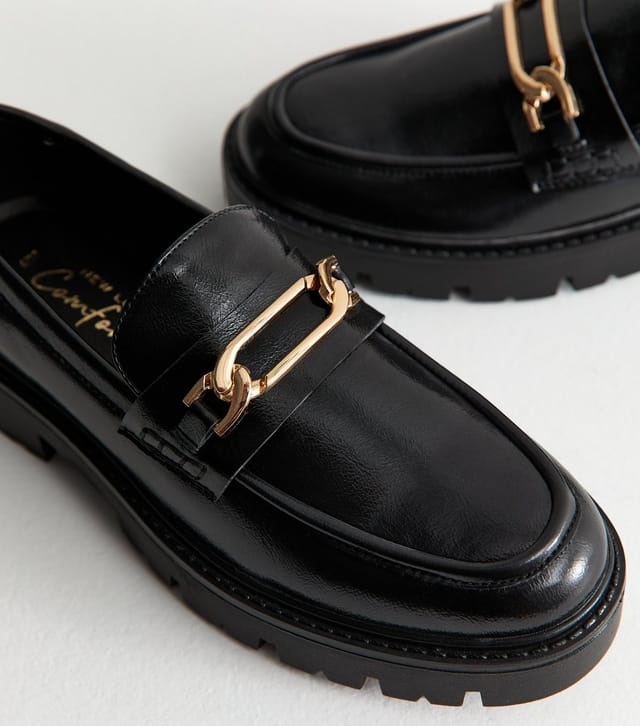 New Look Women's Black Faux Leather Chain Link Chunky Loafer Vegan New Look - 3