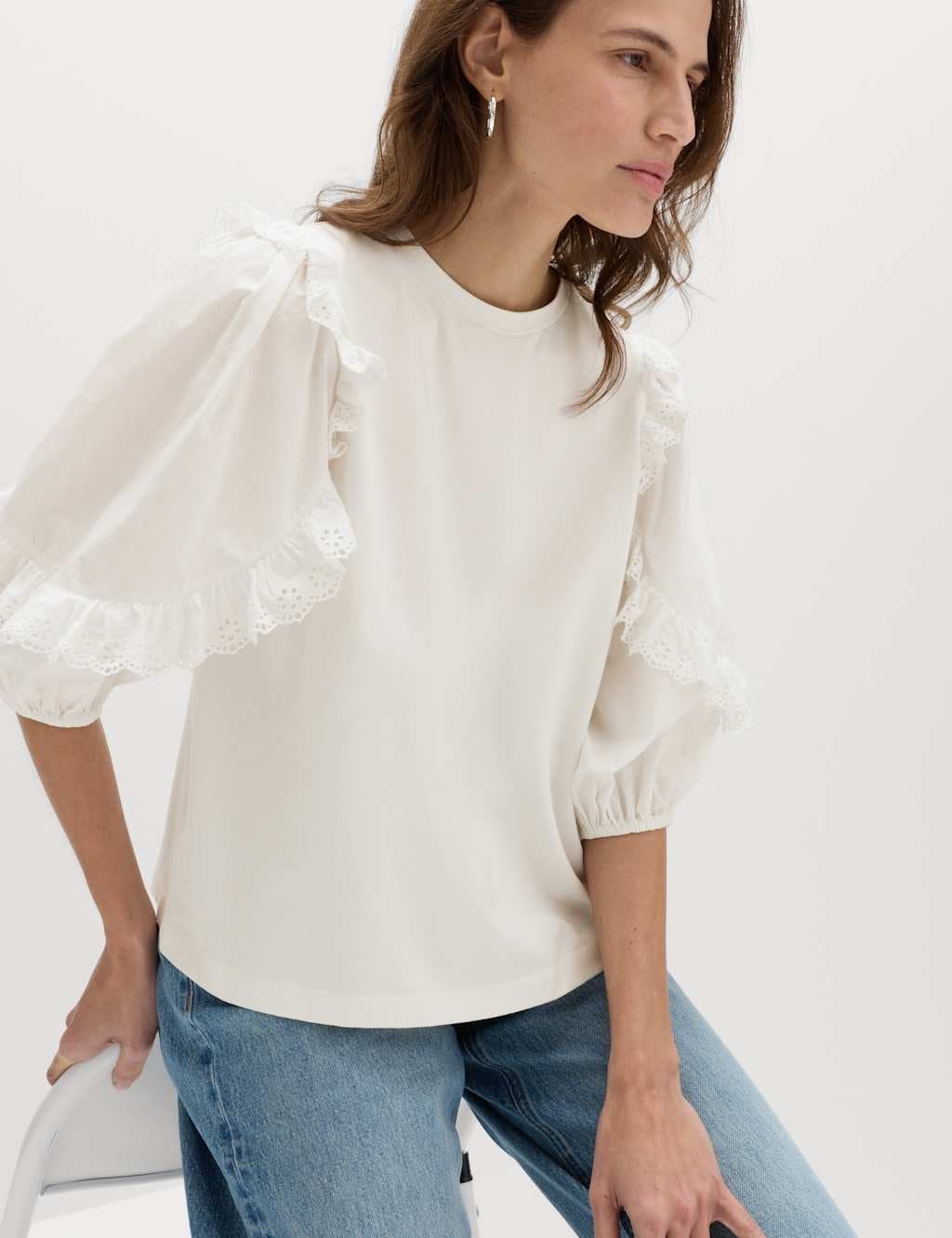 Marks & Spencer M&S Soft White Cotton Rich Ruffle Sleeve Top