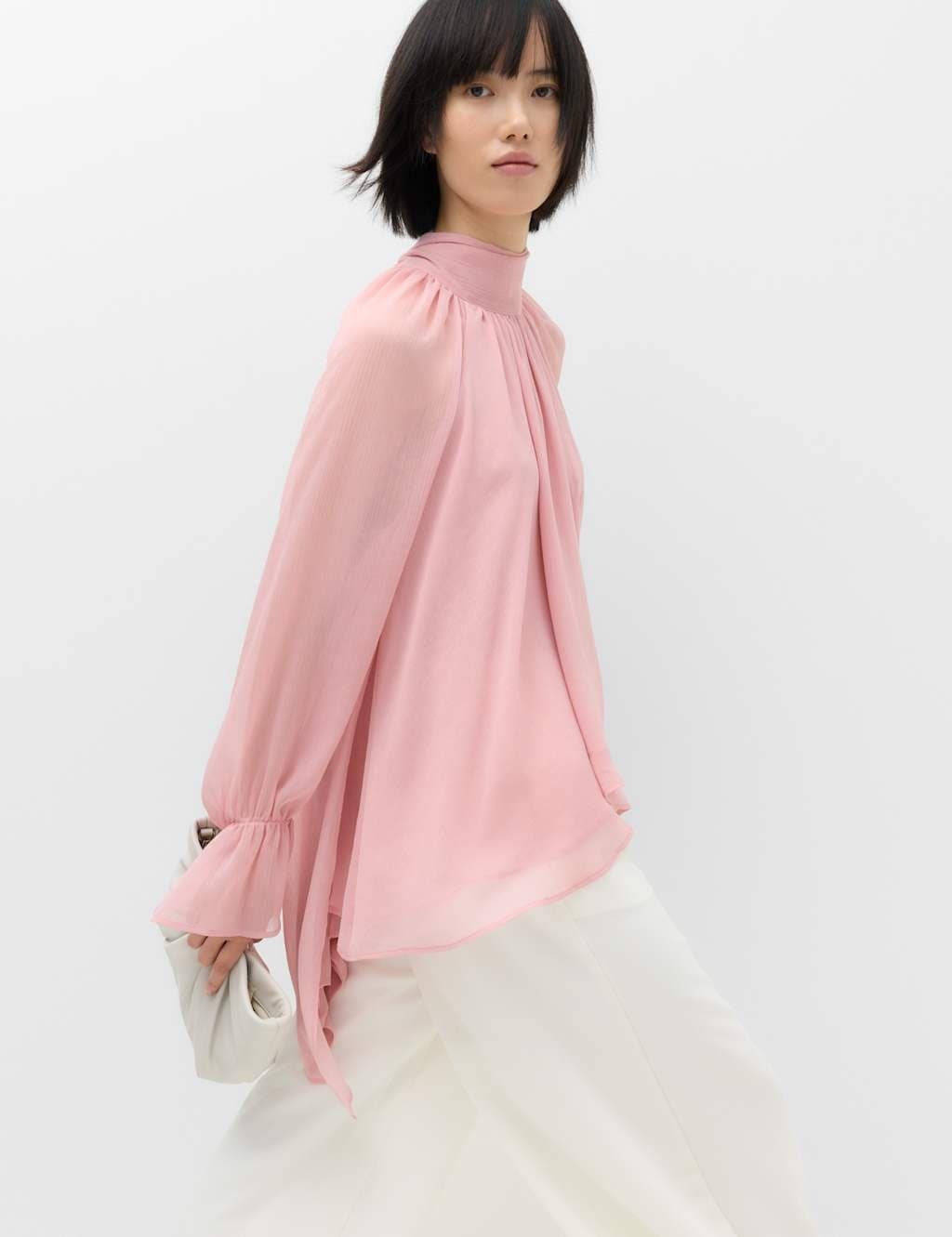 Marks & Spencer M&S Draped Tie Neck Longline Blouse Pink Shell