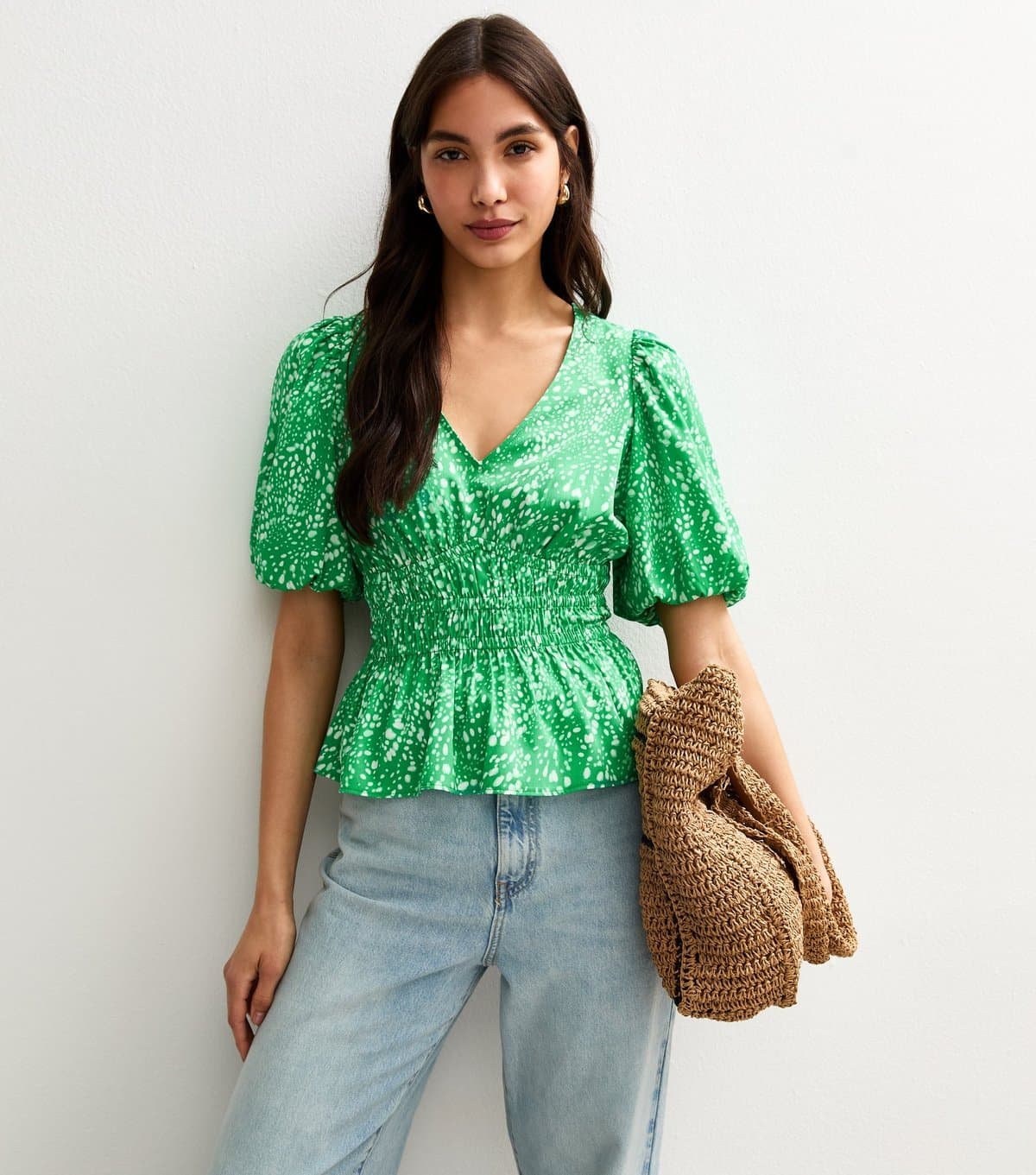 New Look Women's Green Abstract Print Textured Crepe Smocked Waist Top New Look