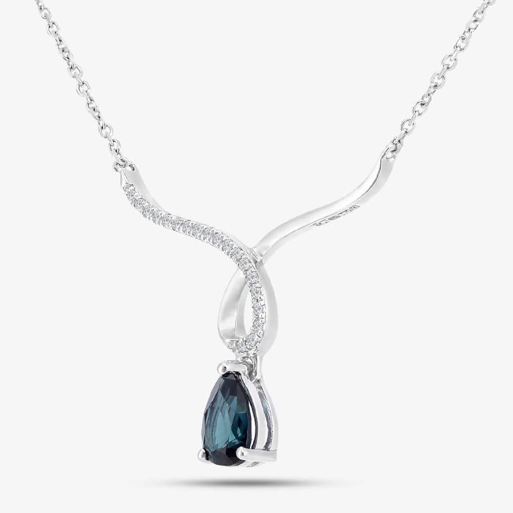 T.H.Baker T.H.Baker Women's 9ct White Gold Pear Shaped Sapphire & Diamond Set Wishbone Necklace DP1614WSA in Silver
